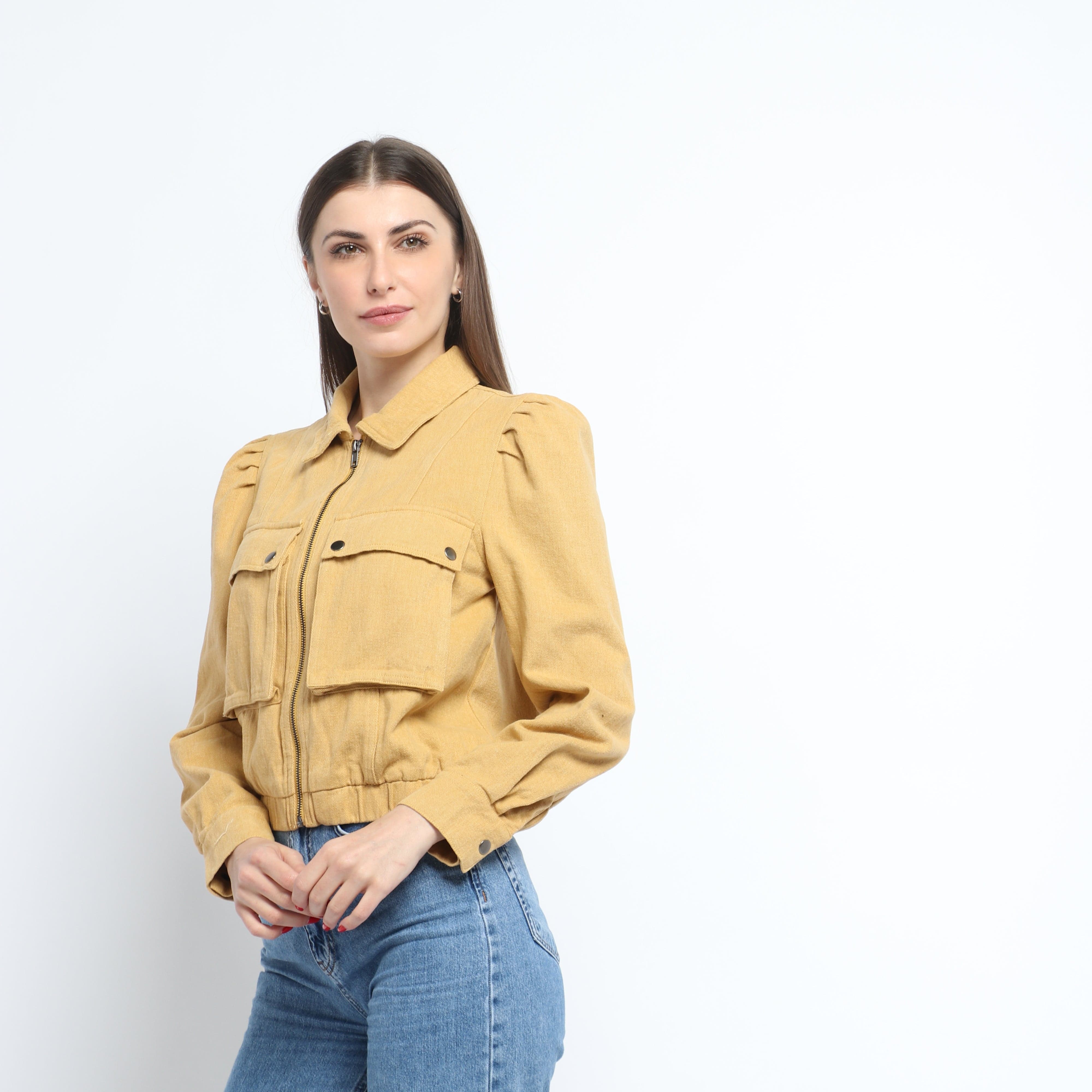 ميكا سترة سادة بجيوب أمامية بسحاب بأكمام طويلة وكتف مرفوع