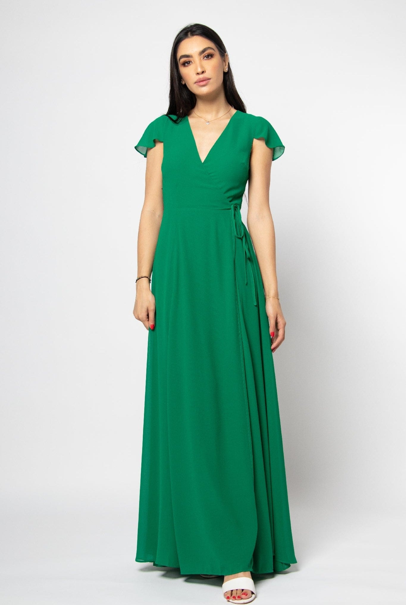 ميكا فستان طويل سادة مفتوح برقبة سبعة طويلة كم قصير شيفون