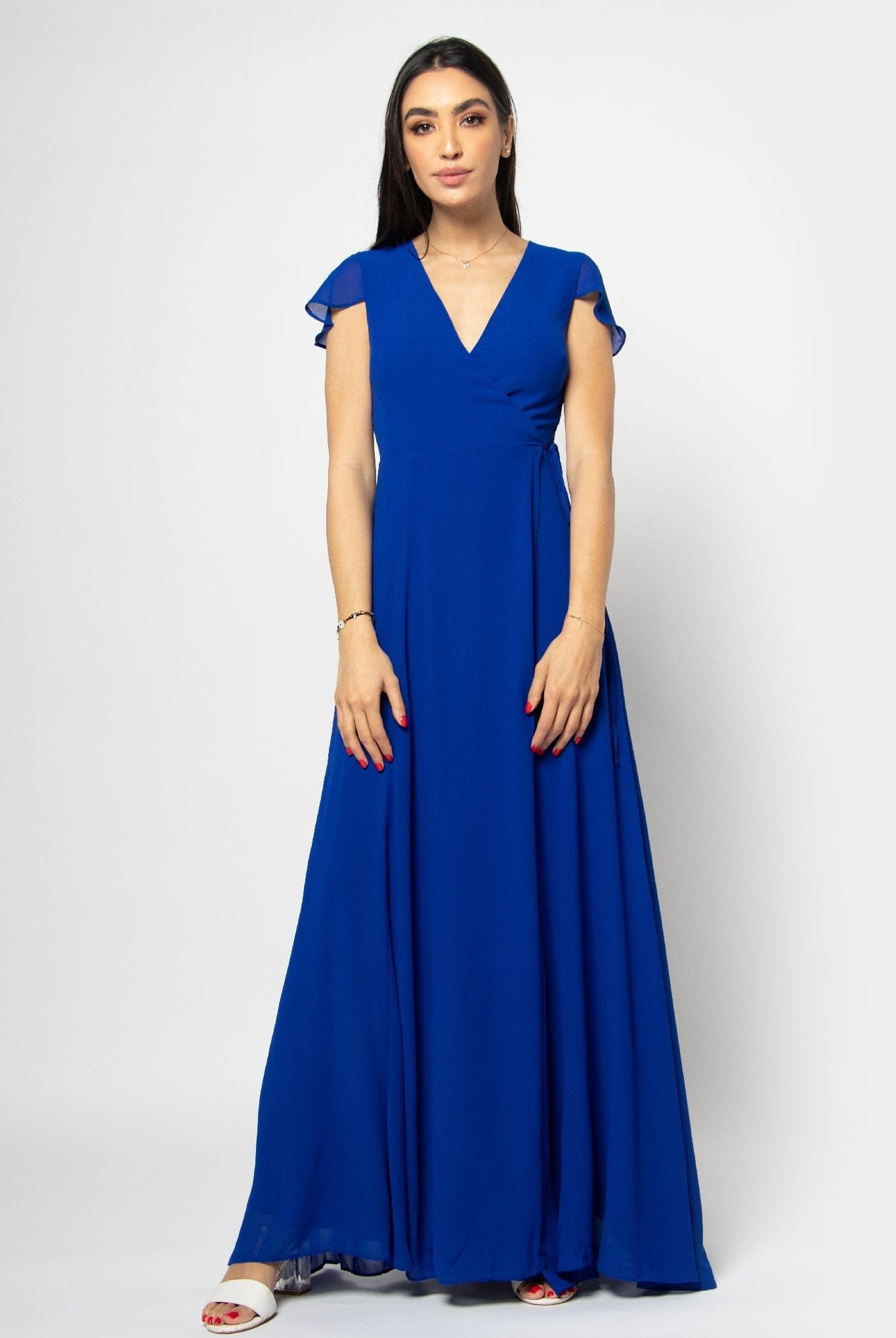 ميكا فستان طويل سادة مفتوح برقبة سبعة طويلة كم قصير شيفون