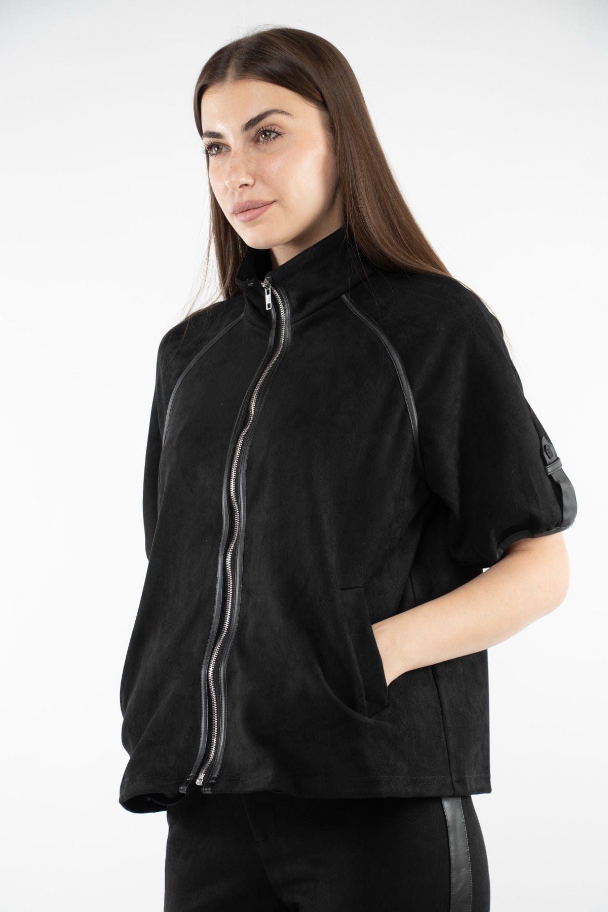 ميكا سترة نص من بسحاب ورقبة نسائي