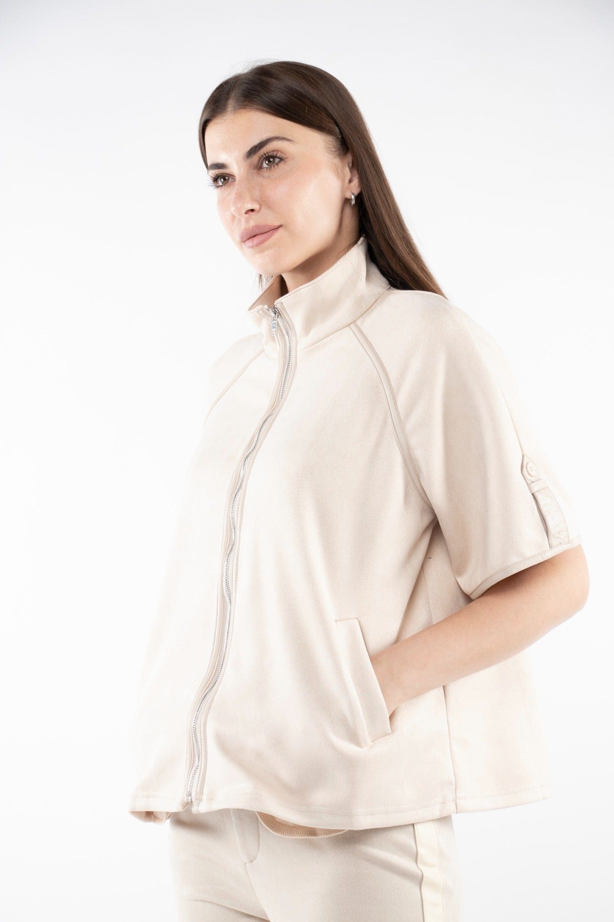 ميكا سترة نص من بسحاب ورقبة نسائي