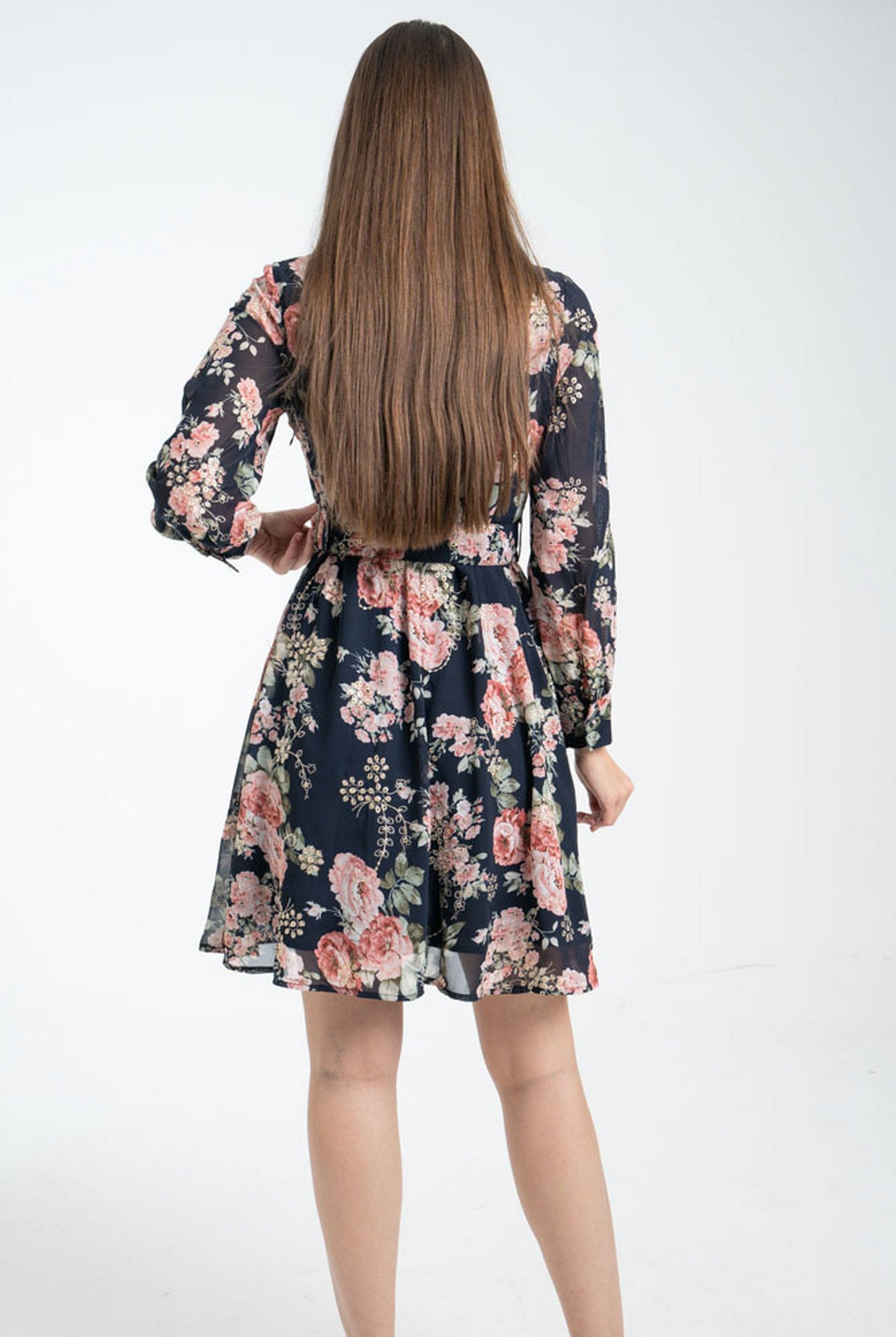 ميكا فستان مورد بحزام على الخصر كم طويل نسائي