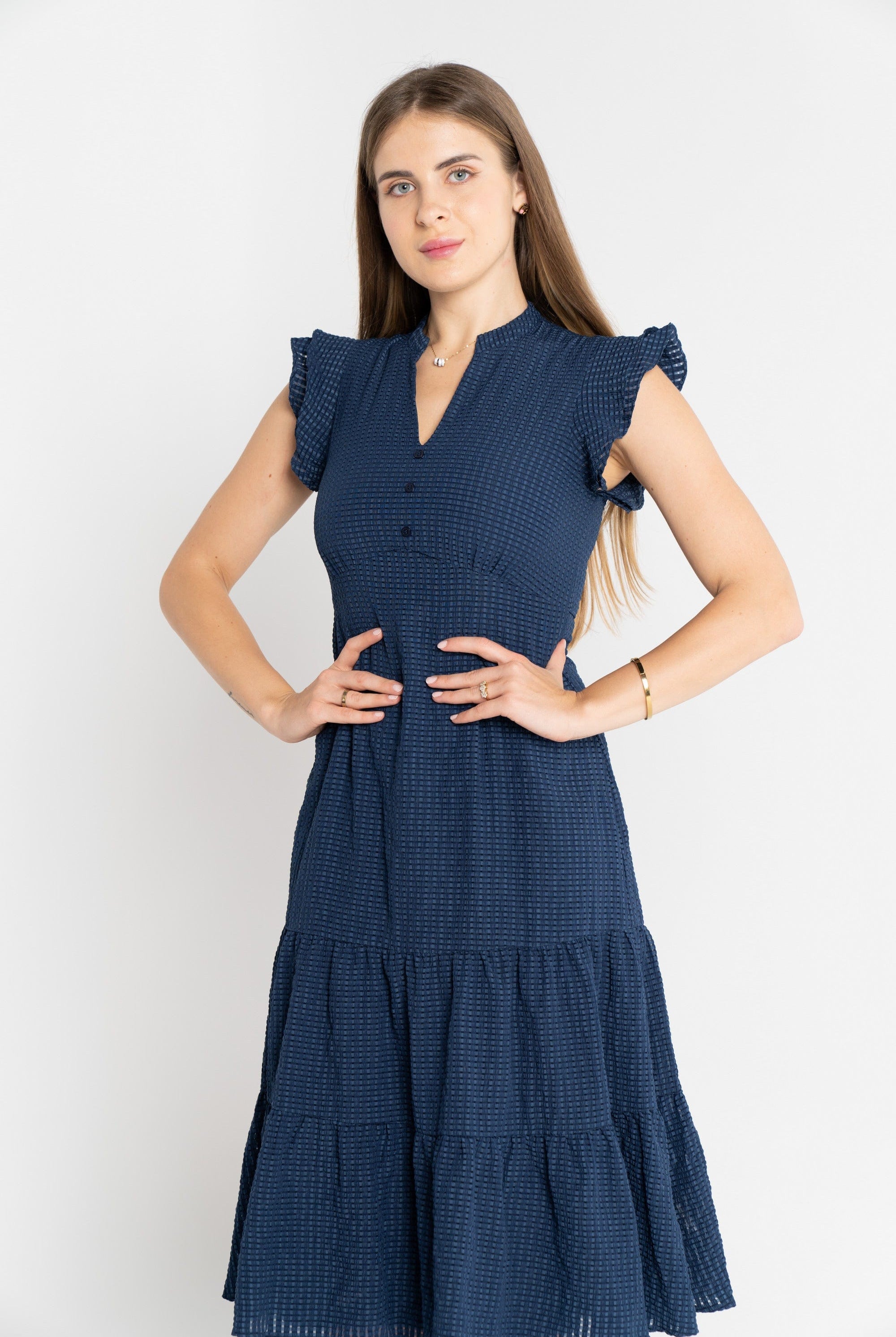 ميكا فستان ميدي مخطط طبقات من أسفل كم مكشكش