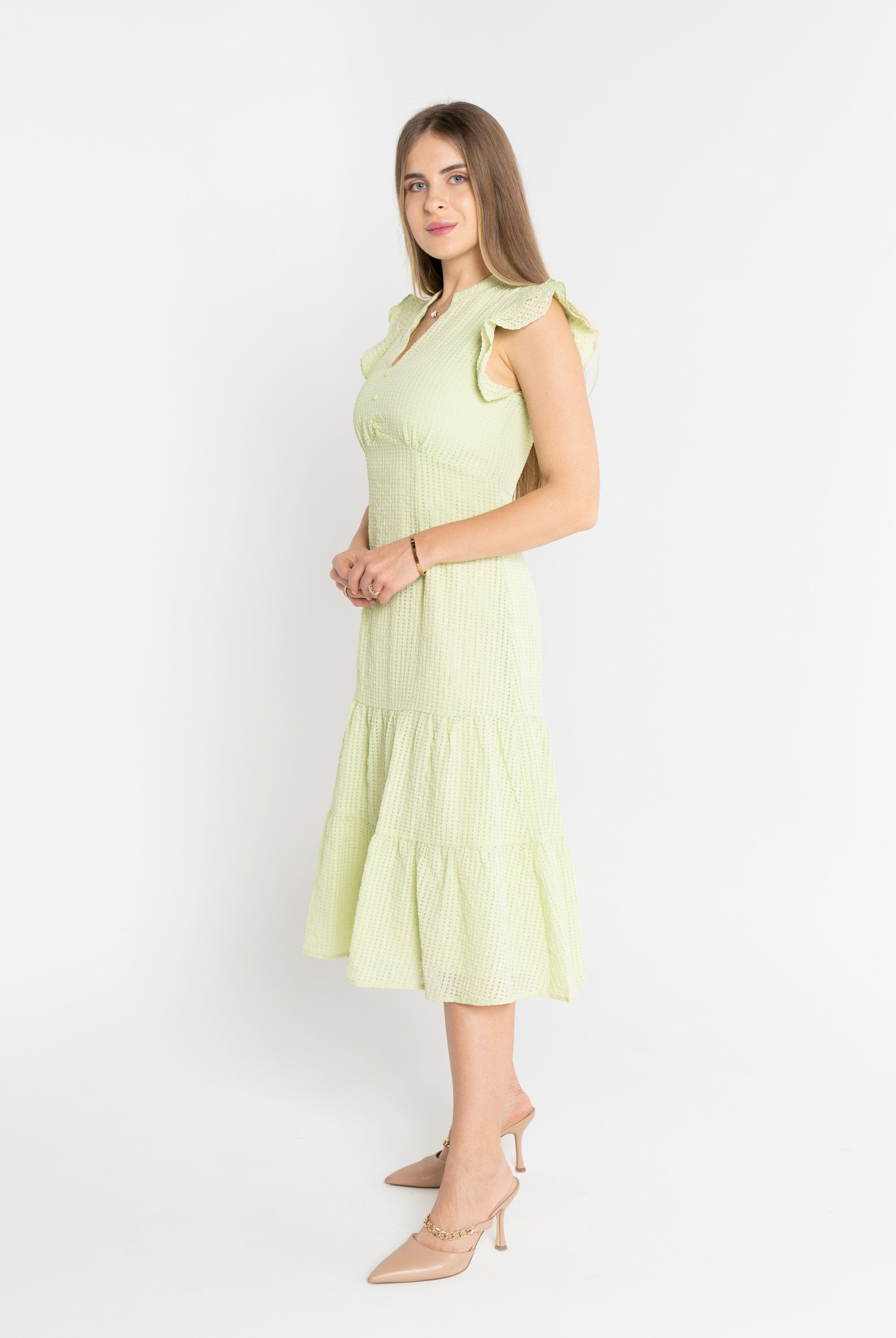 ميكا فستان ميدي مخطط طبقات من أسفل كم مكشكش