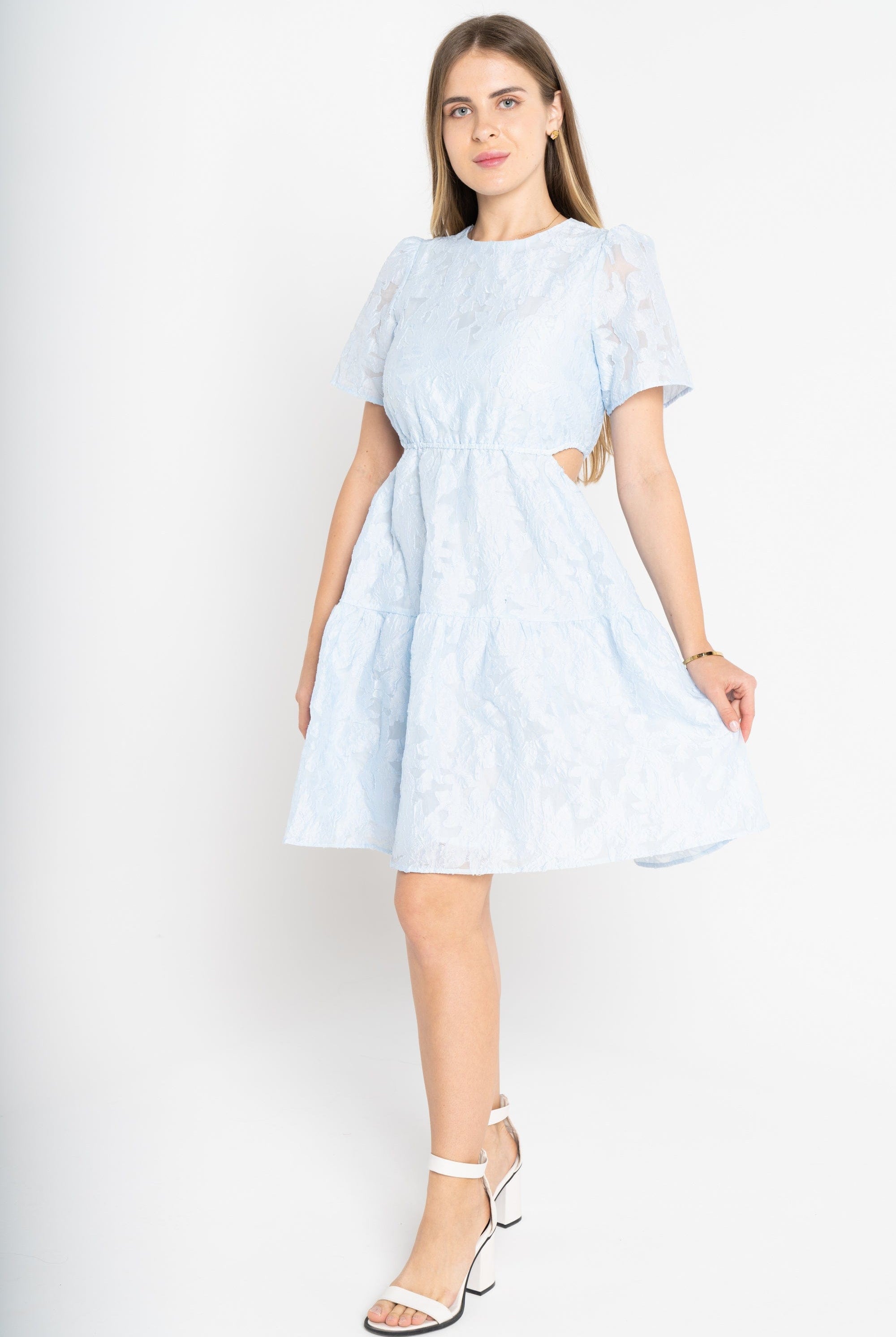 ميكا فستان قصير للركبة كم قصير بياقة دائرية مفتوح من الخصر ازرق/زهري