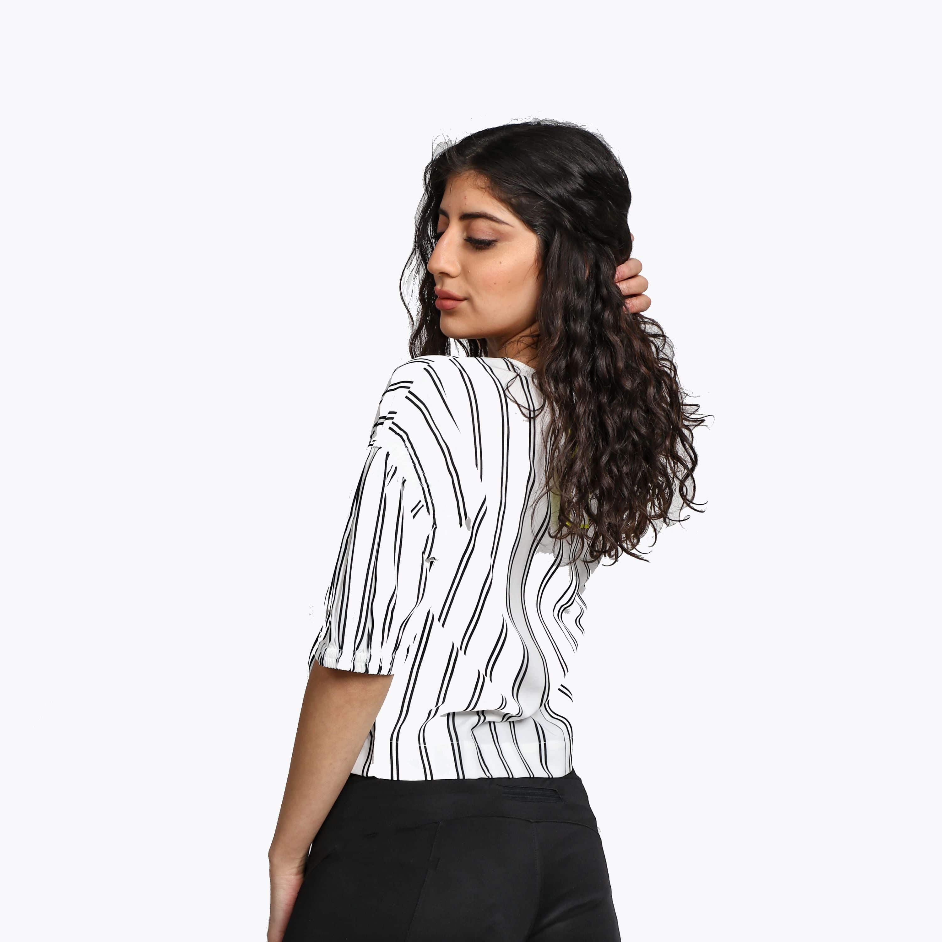 ميكا بلوزة مخططة بالطول نص بطن نص كم نسائي