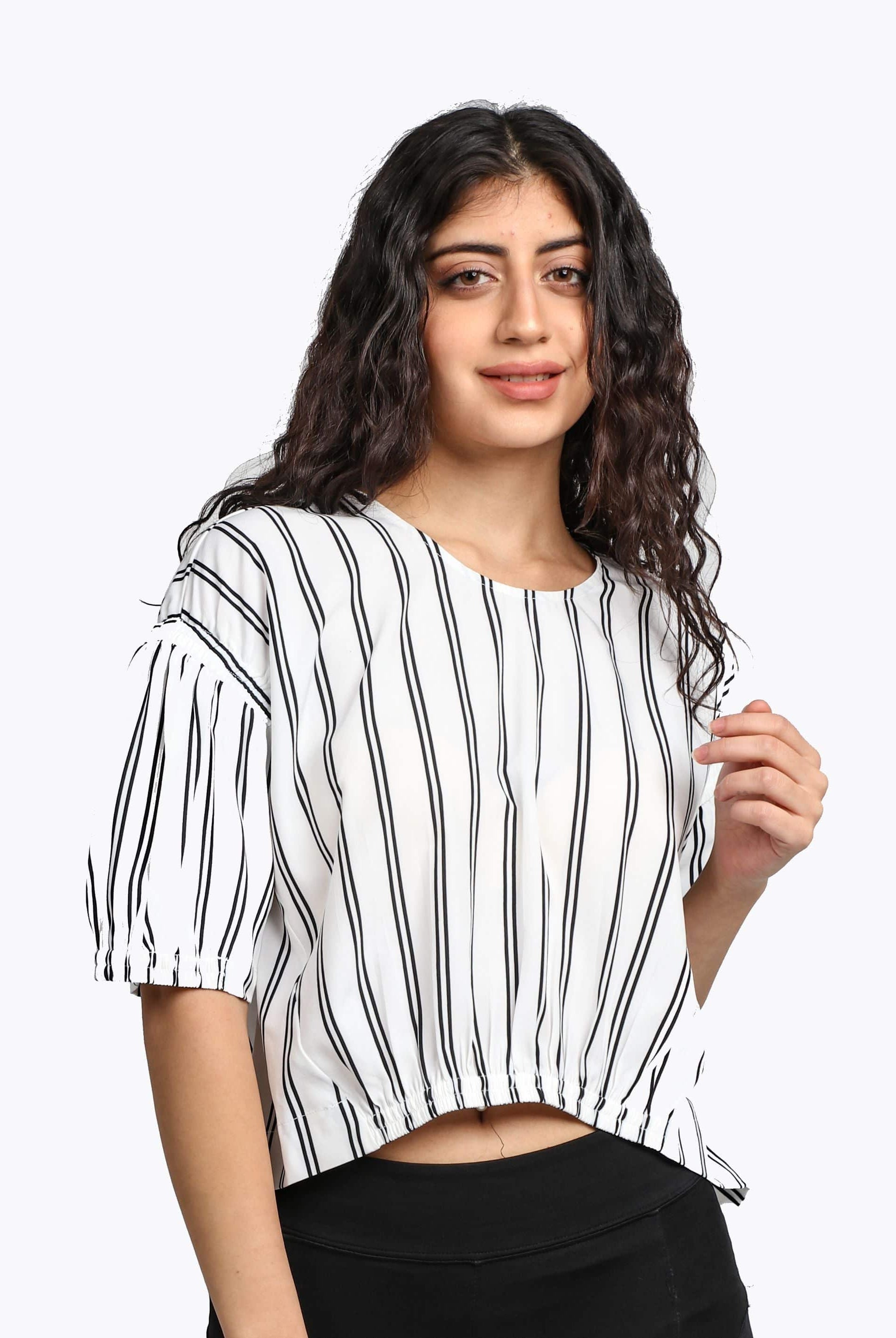 ميكا بلوزة مخططة بالطول نص بطن نص كم نسائي