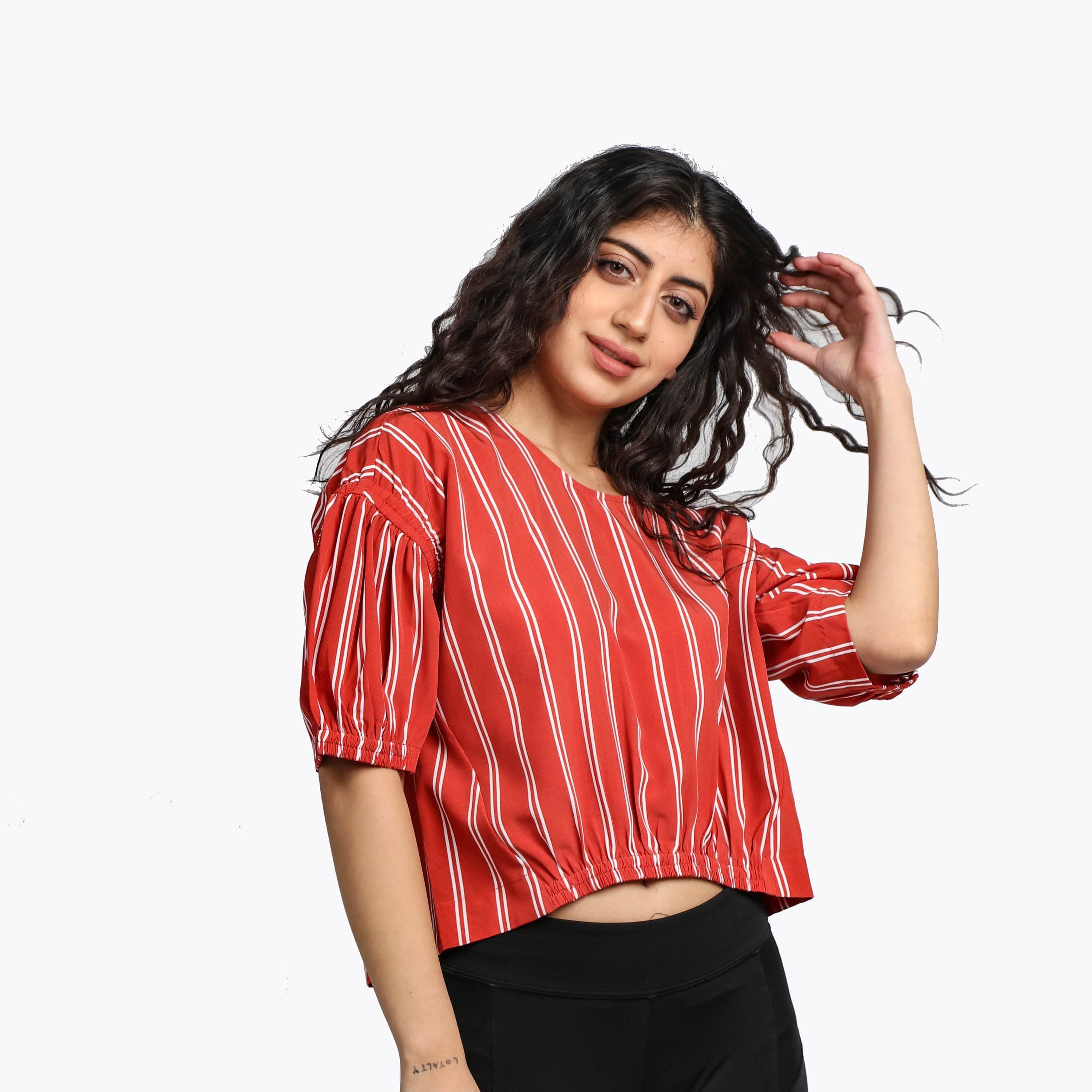 ميكا بلوزة مخططة بالطول نص بطن نص كم نسائي