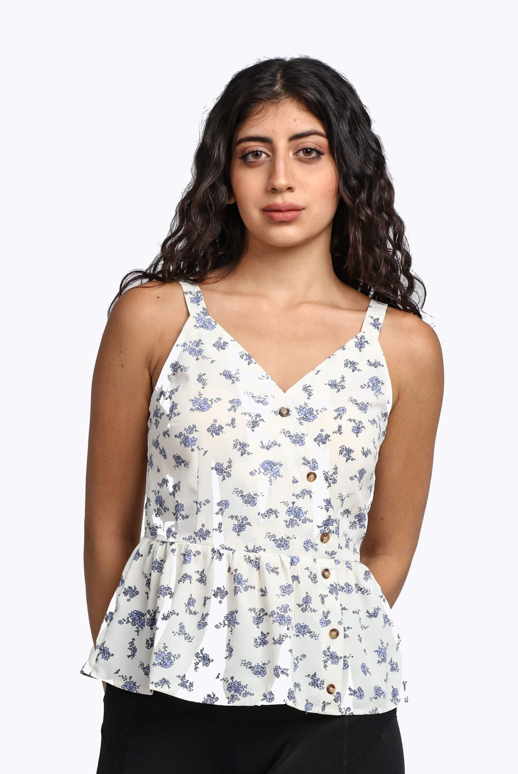 ميكا بلوزة مشجرة بأزرار جانبية وحمالات عريضة مكشكشة من أسفل نسائي