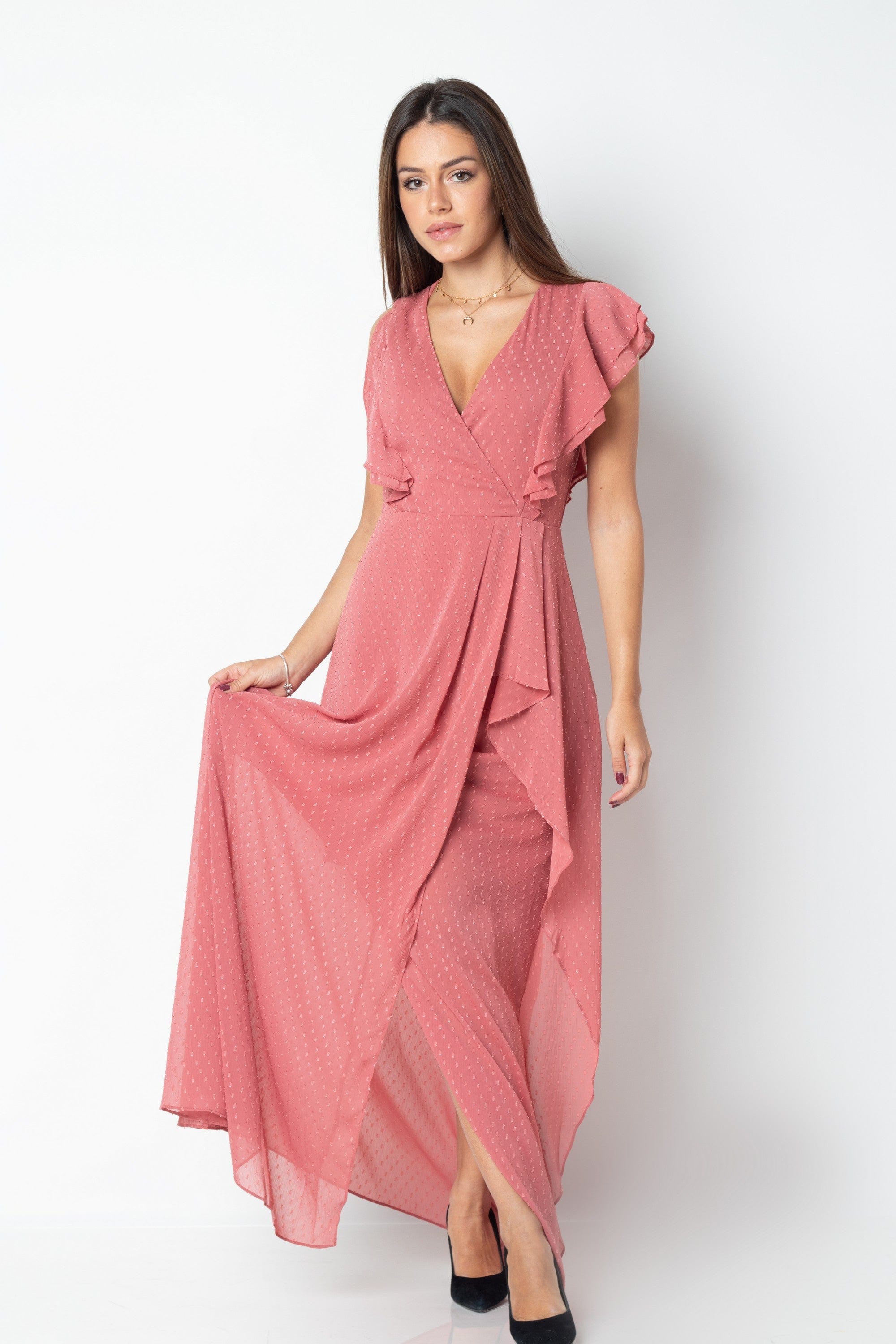 ميكا فستان طويل بأكمام قصيرة لف بنمط منقط