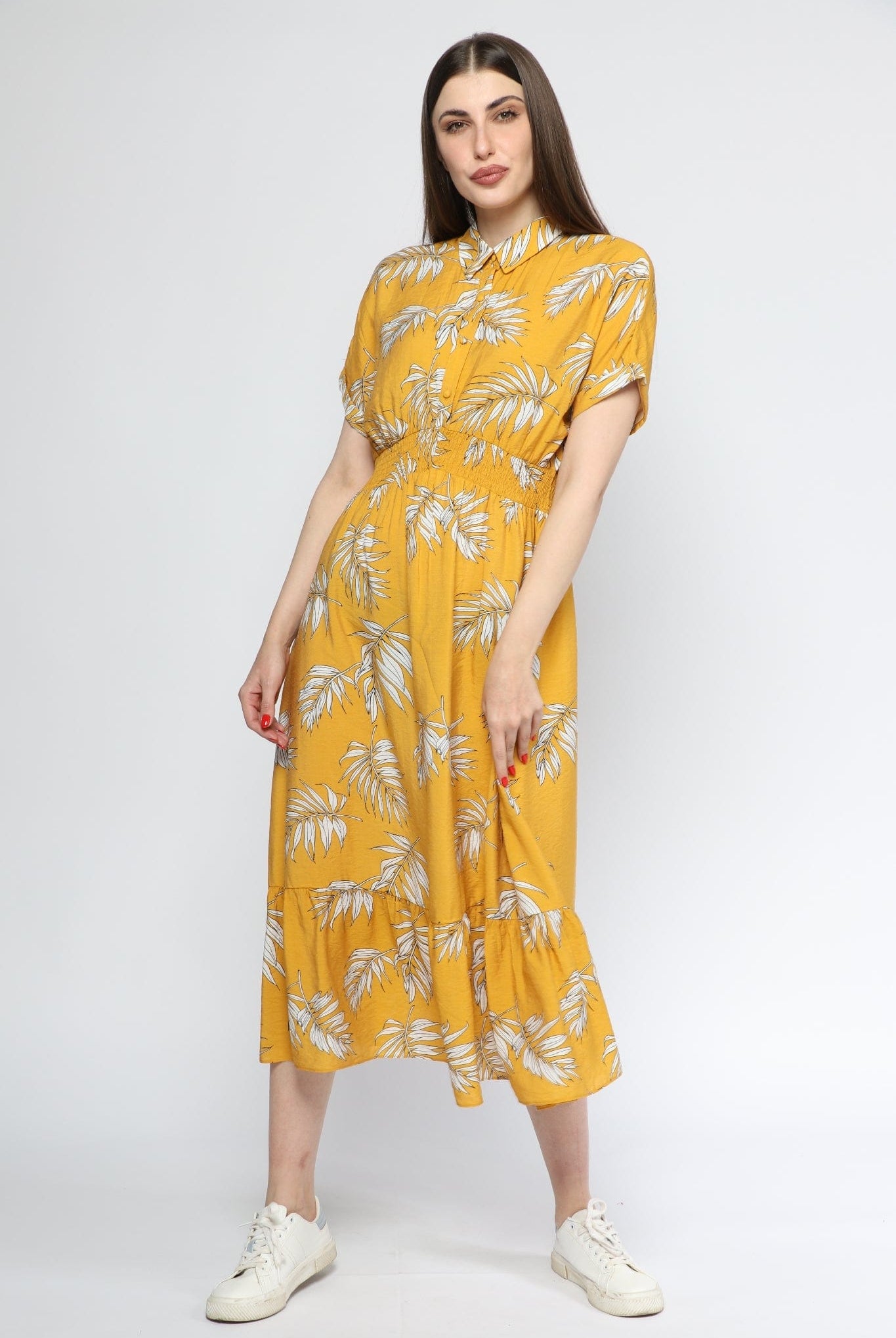 ميكا فستان ميدي مخصر نمط مشجر بكم قصير