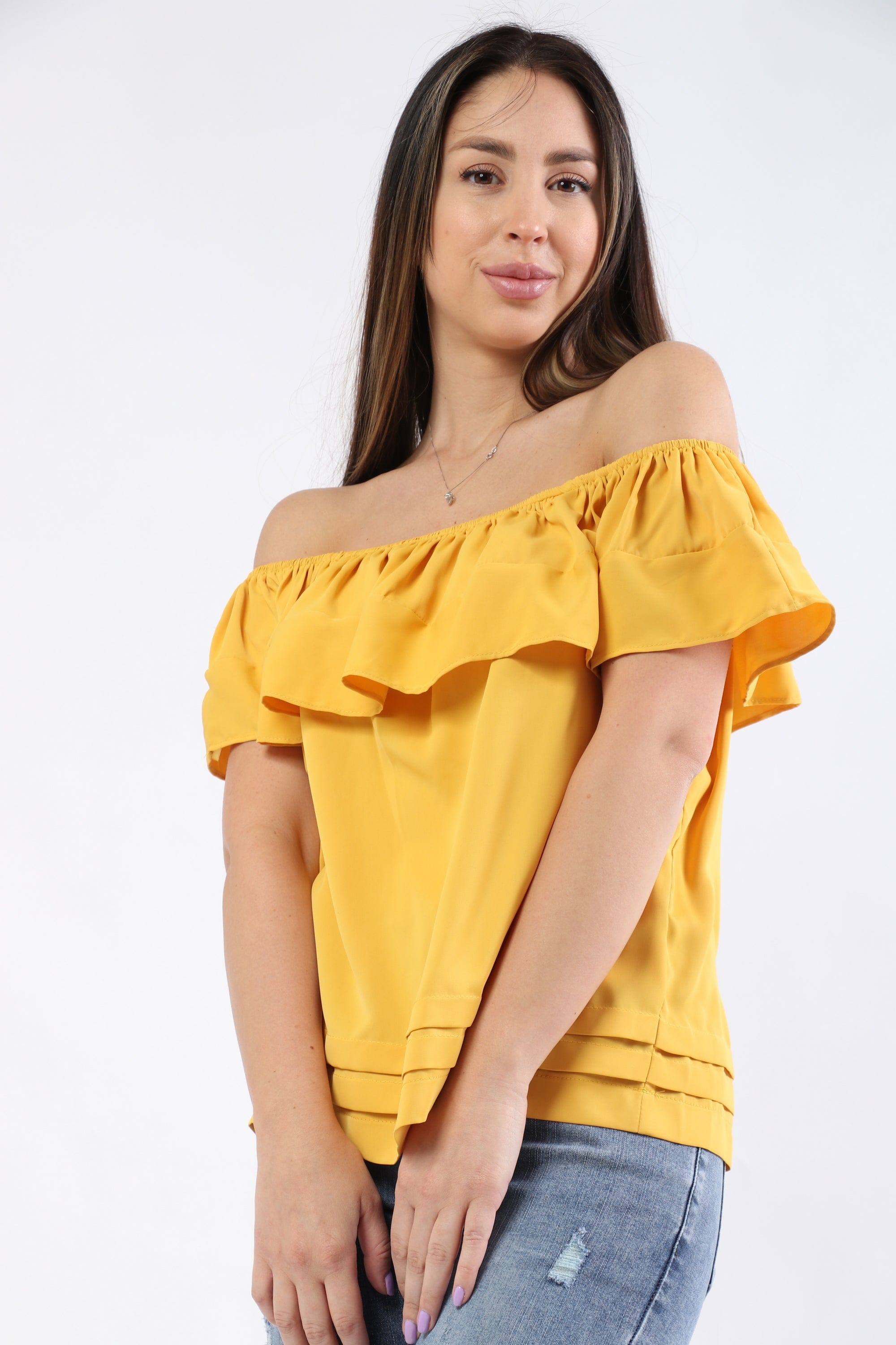 ميكا بلوزة أوف شولدر مكشكشة من الكتف نسائي