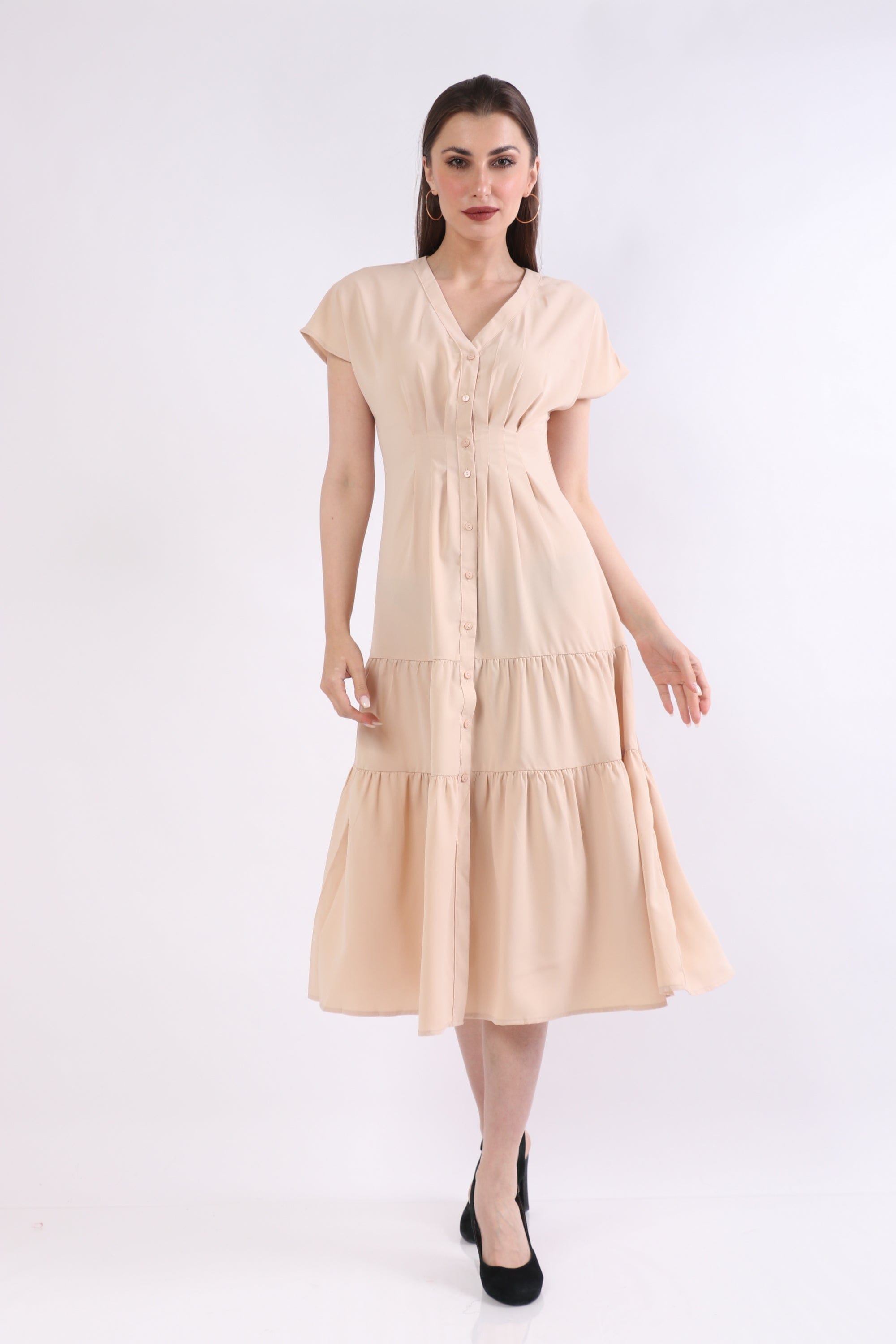 ميكا فستان ميدي كم قصير سادة بأزرار أمامية