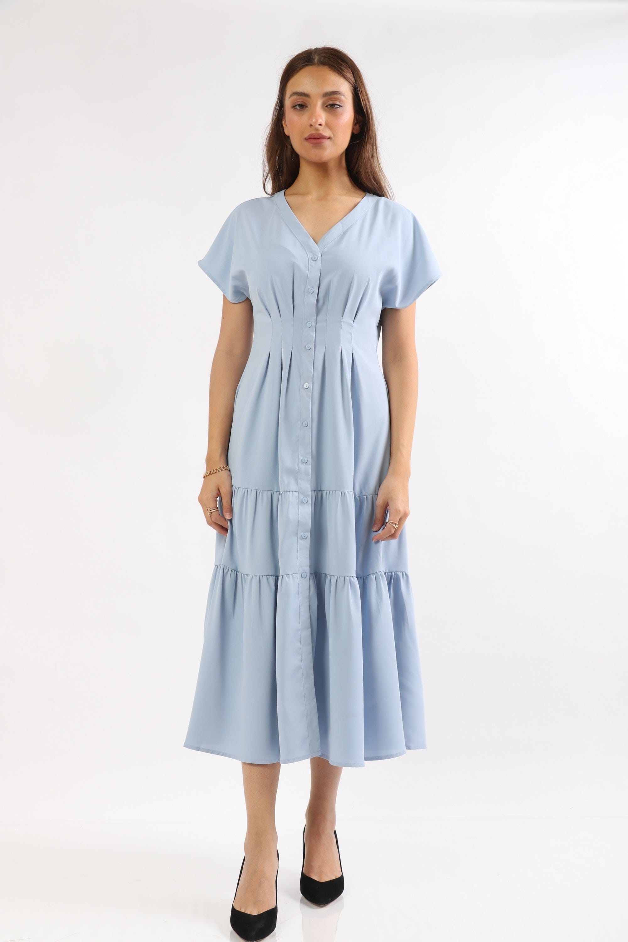 ميكا فستان ميدي كم قصير سادة بأزرار أمامية