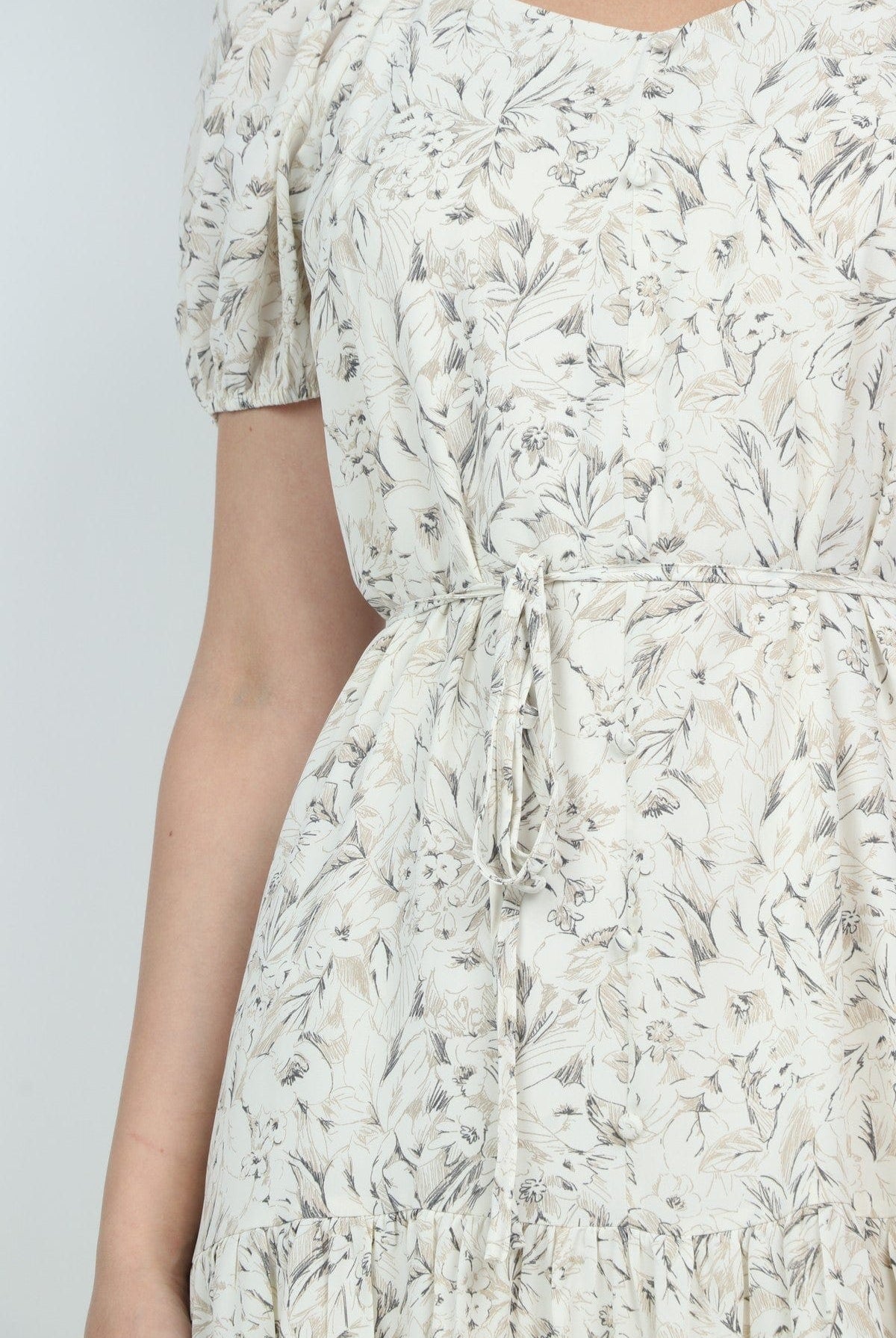 ميكا فستان مشجر بحزام على الخصر بفتحة صدر كم قصير بف