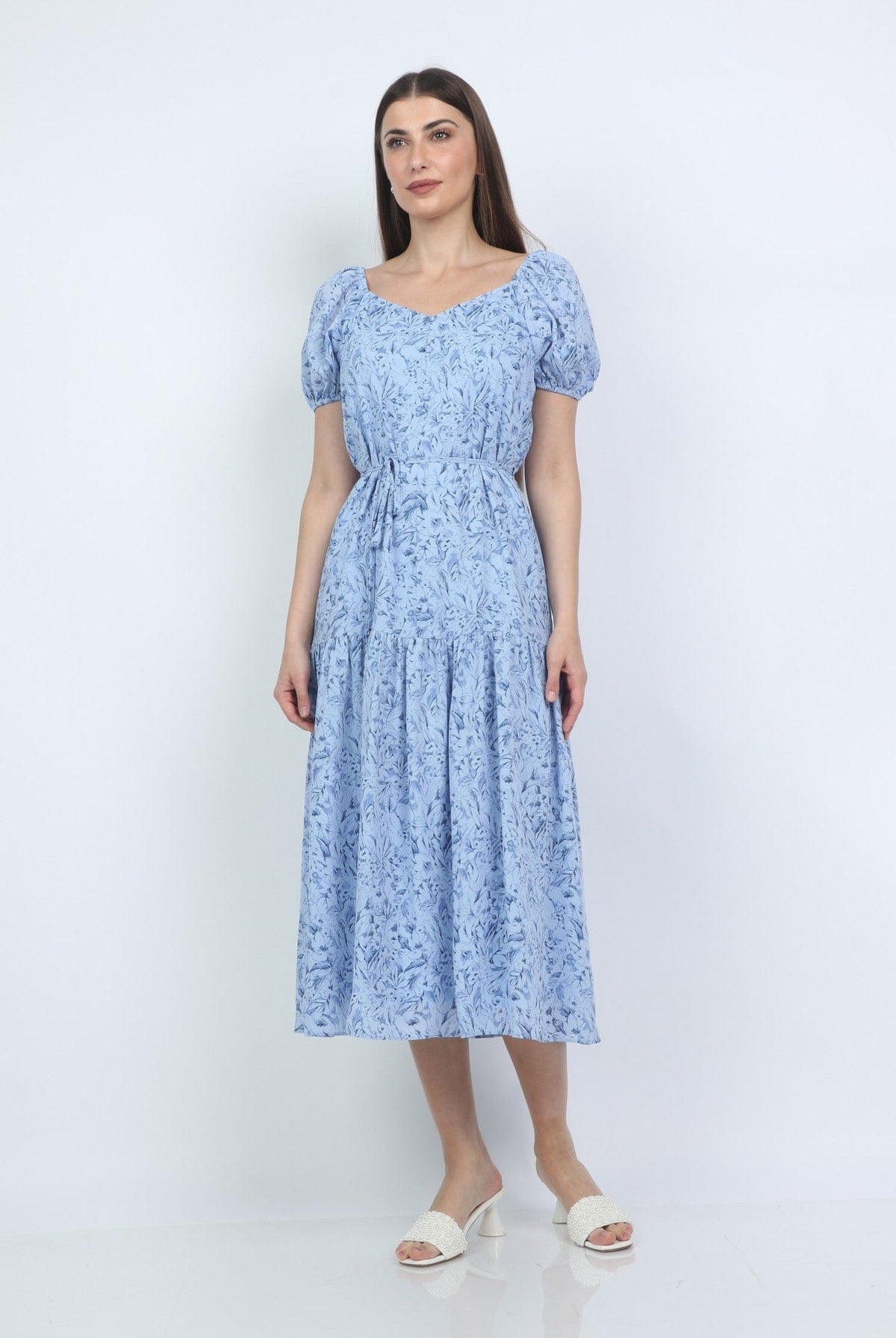 ميكا فستان مشجر بحزام على الخصر بفتحة صدر كم قصير بف