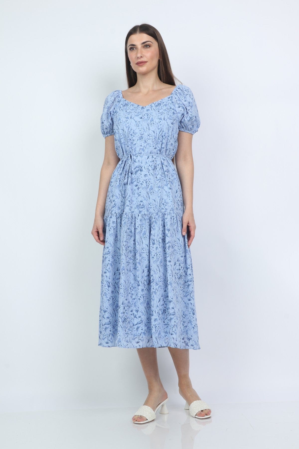 ميكا فستان مشجر بحزام على الخصر بفتحة صدر كم قصير بف