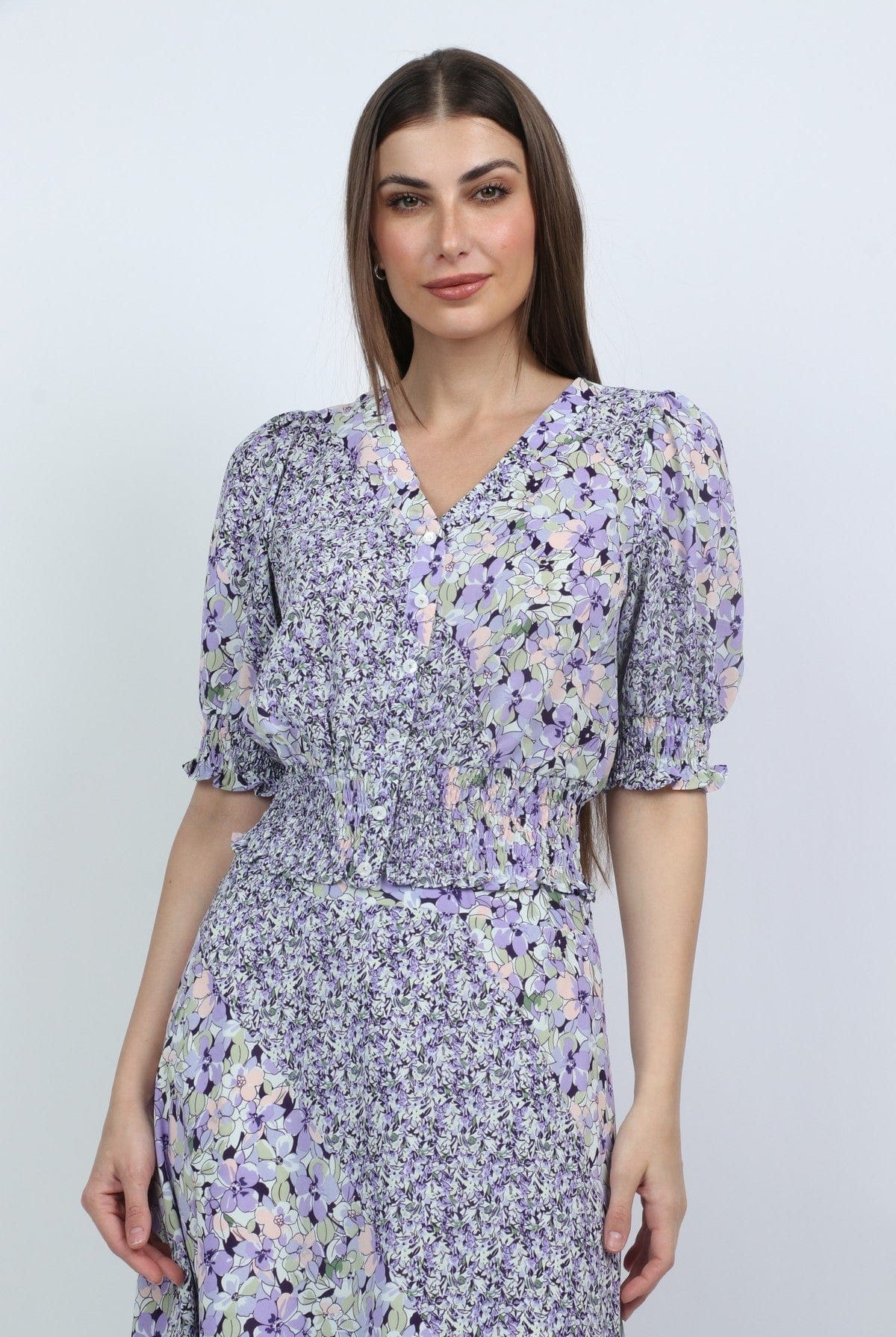 ميكا بلوزة مشجرة 3/4 كم بف بأزرار أمامية أرجواني