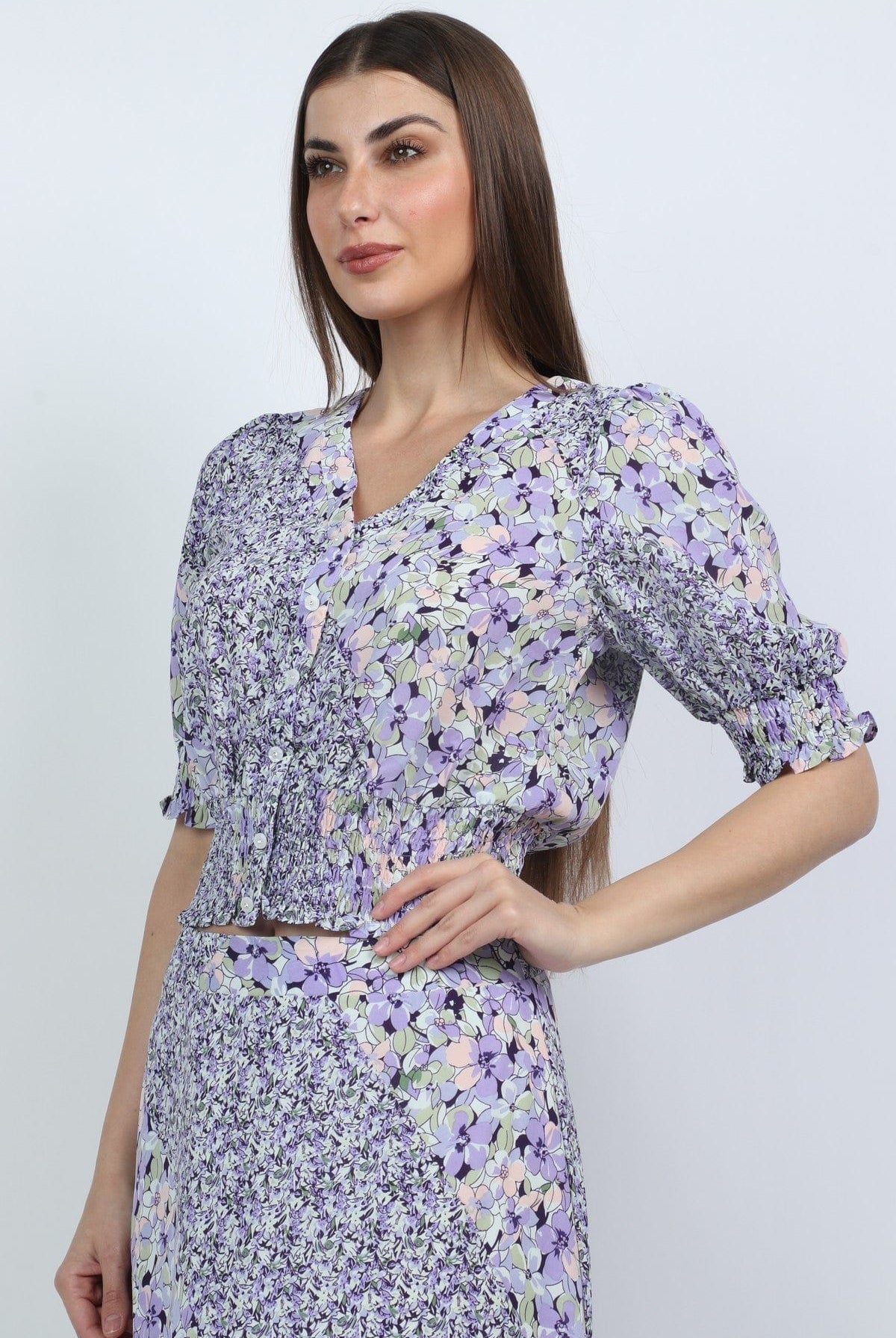 ميكا بلوزة مشجرة 3/4 كم بف بأزرار أمامية أرجواني