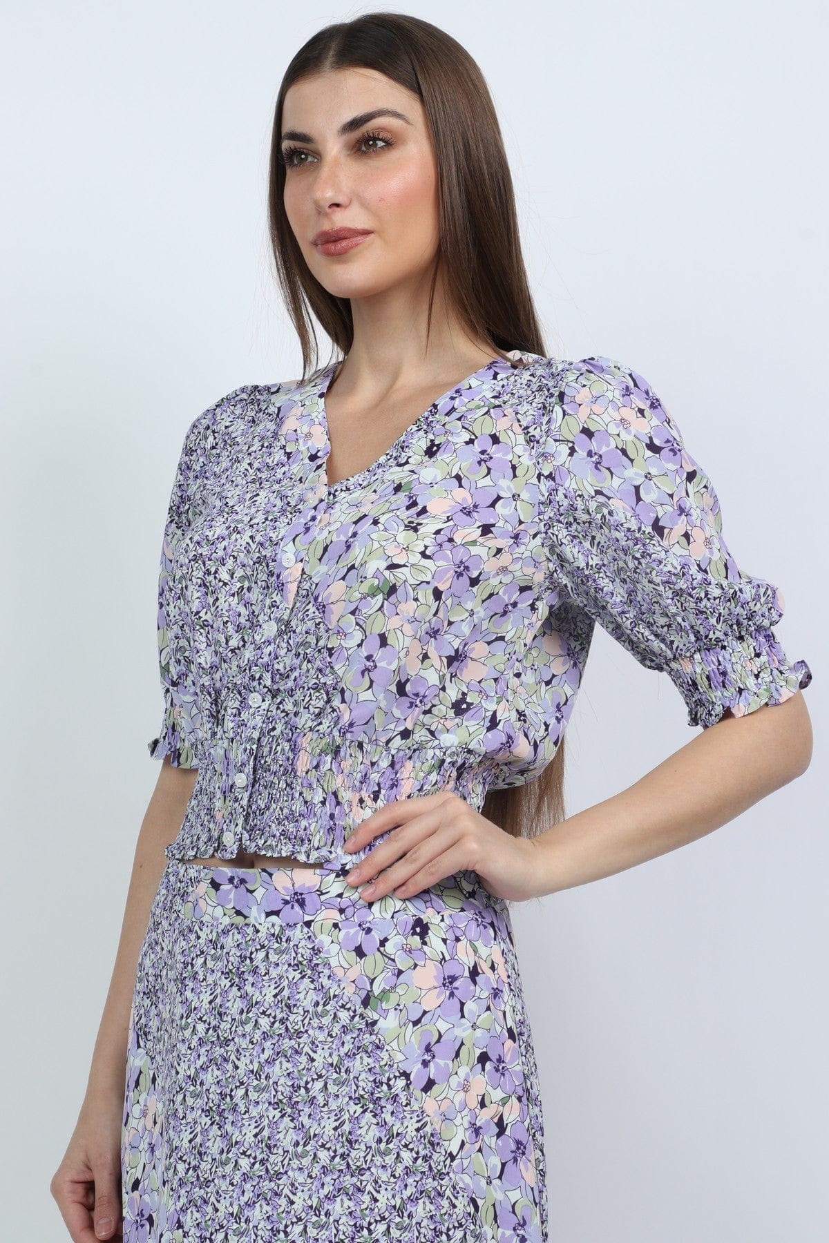 ميكا بلوزة مشجرة 3/4 كم بف بأزرار أمامية أرجواني