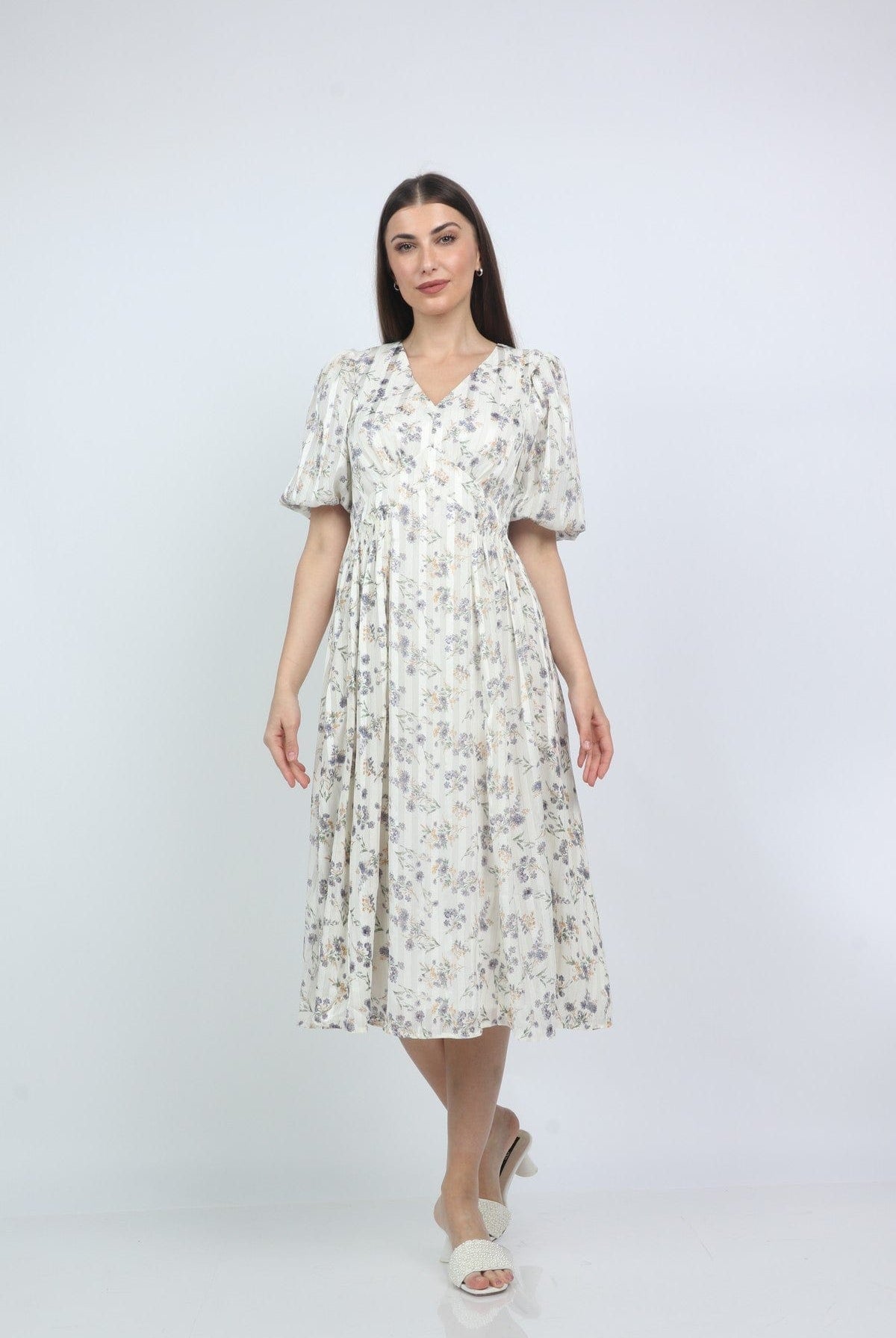 ميكا فستان ميدي مشجر بورود بكم بف قصير أرجواني