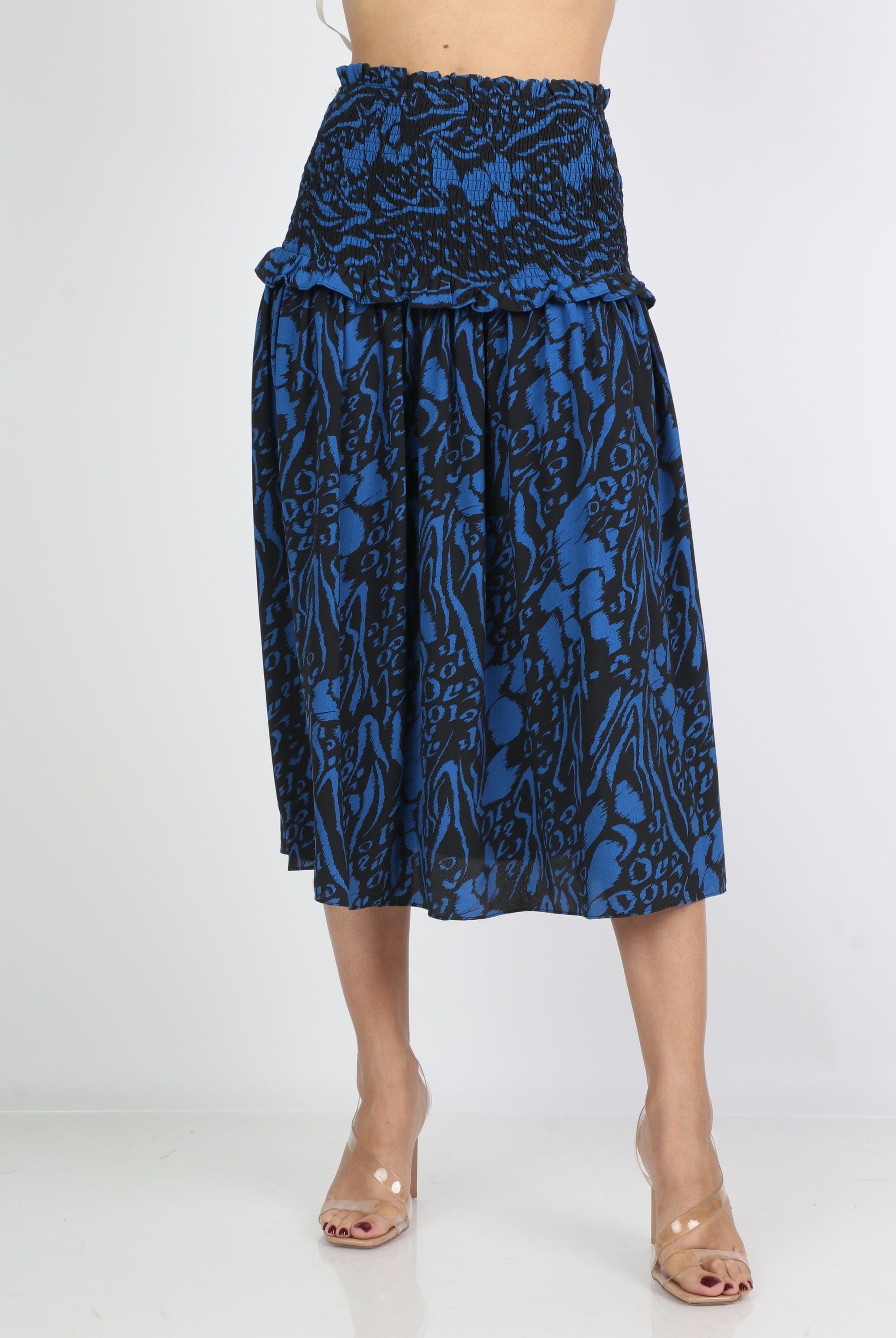 ميكا تنورة ميدي منقوشة بتطريز بخصر مطاط عريض