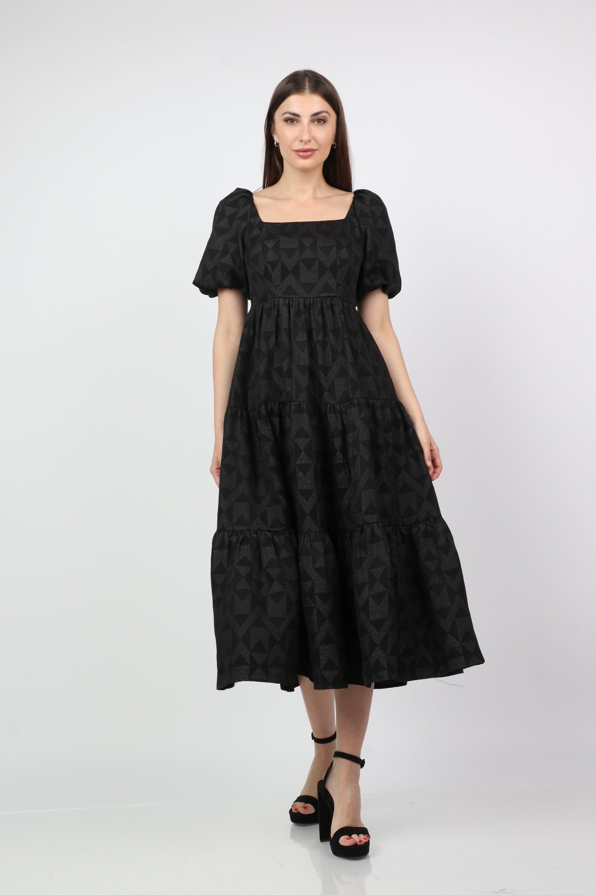 ميكا فستان ميدي سادة مخصر واسع نص كم بف نسائي