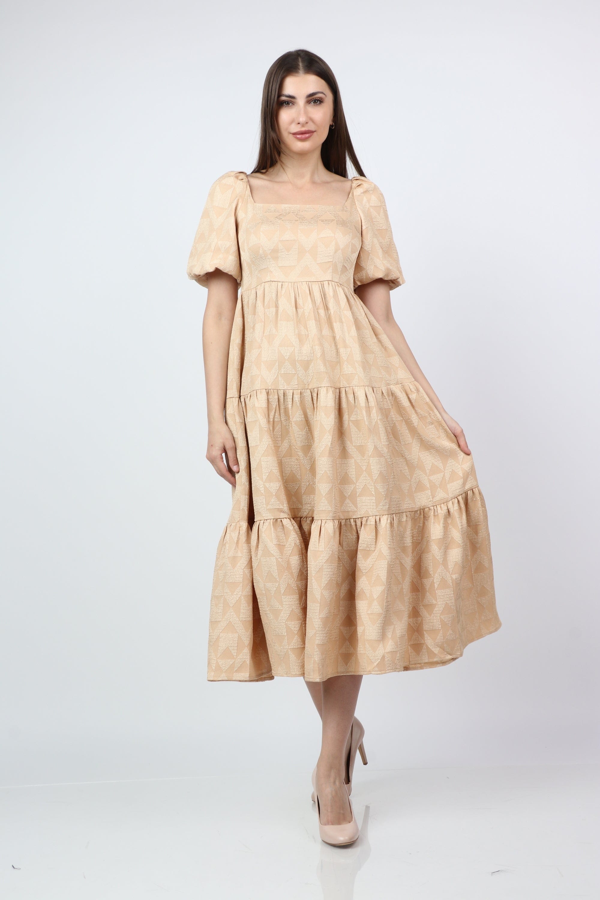 ميكا فستان ميدي سادة مخصر واسع نص كم بف نسائي