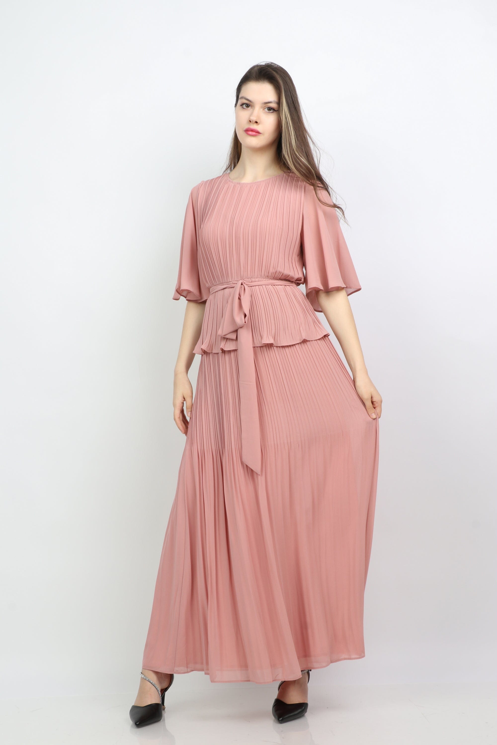 ميكا فستان ماكسي بليسيه بحزام على الخصر نص كم نسائي فراشة