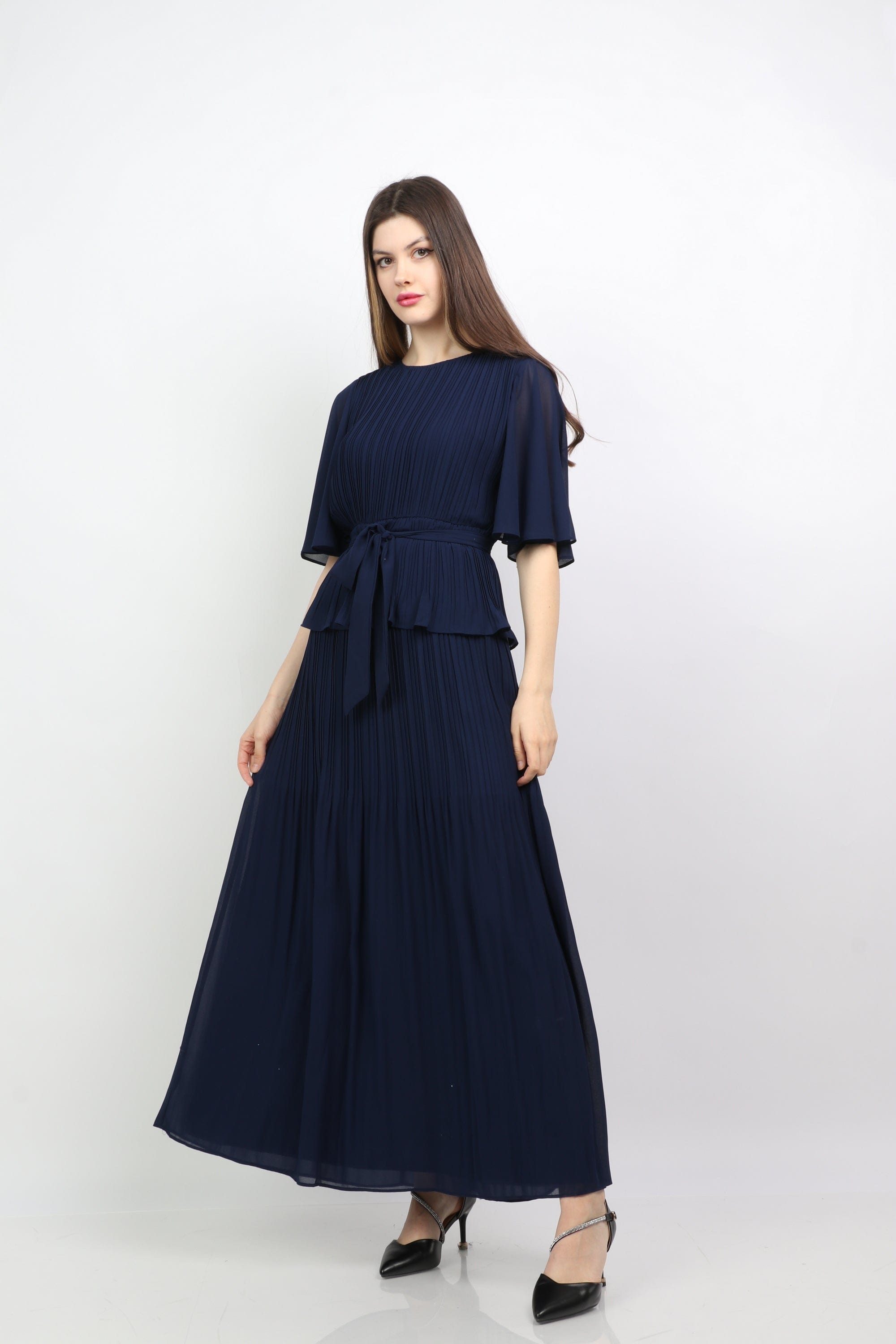 ميكا فستان ماكسي بليسيه بحزام على الخصر نص كم نسائي فراشة