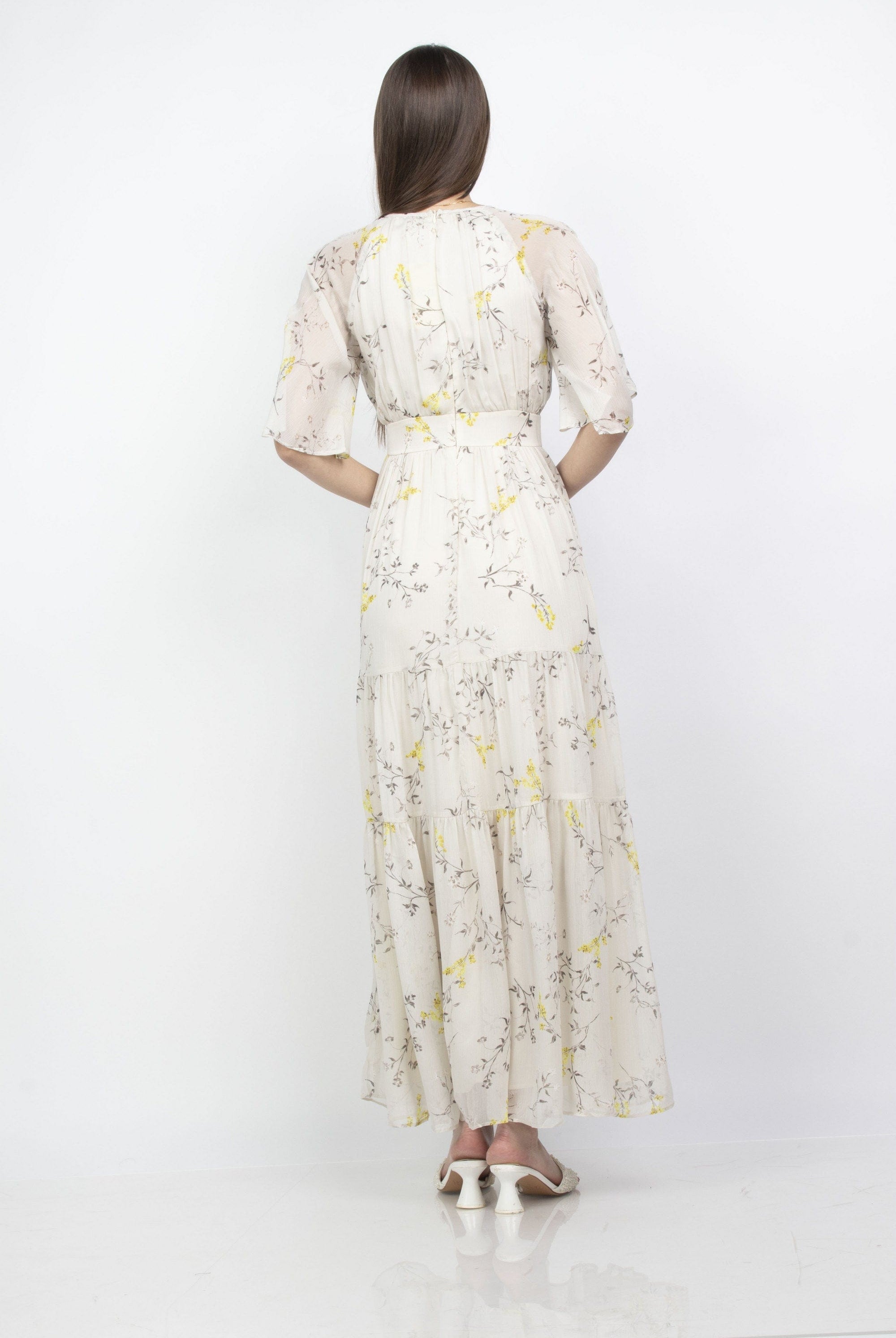 ميكا فستان طويل مشجر كم قصير شيفون