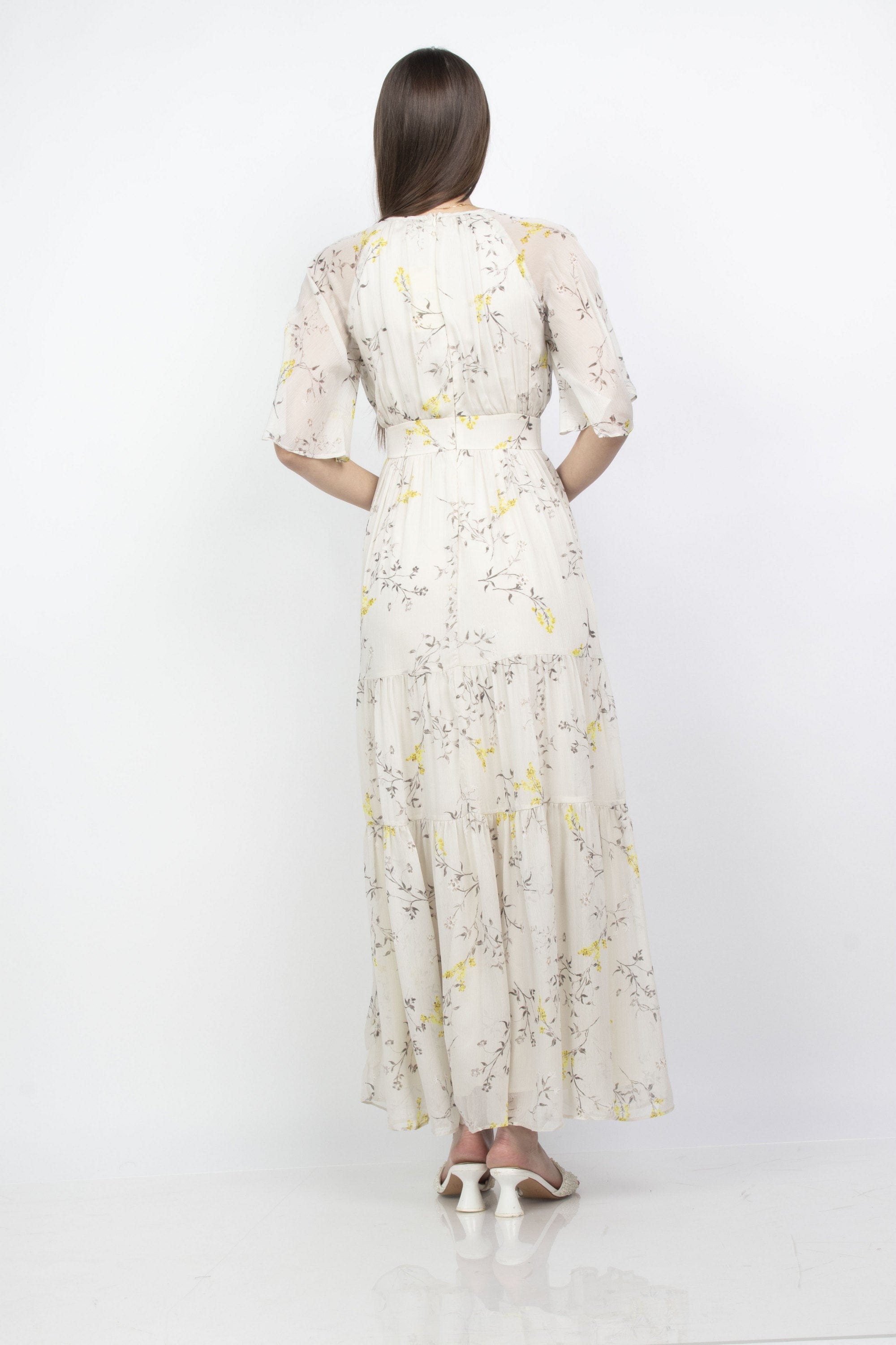 ميكا فستان طويل مشجر كم قصير شيفون