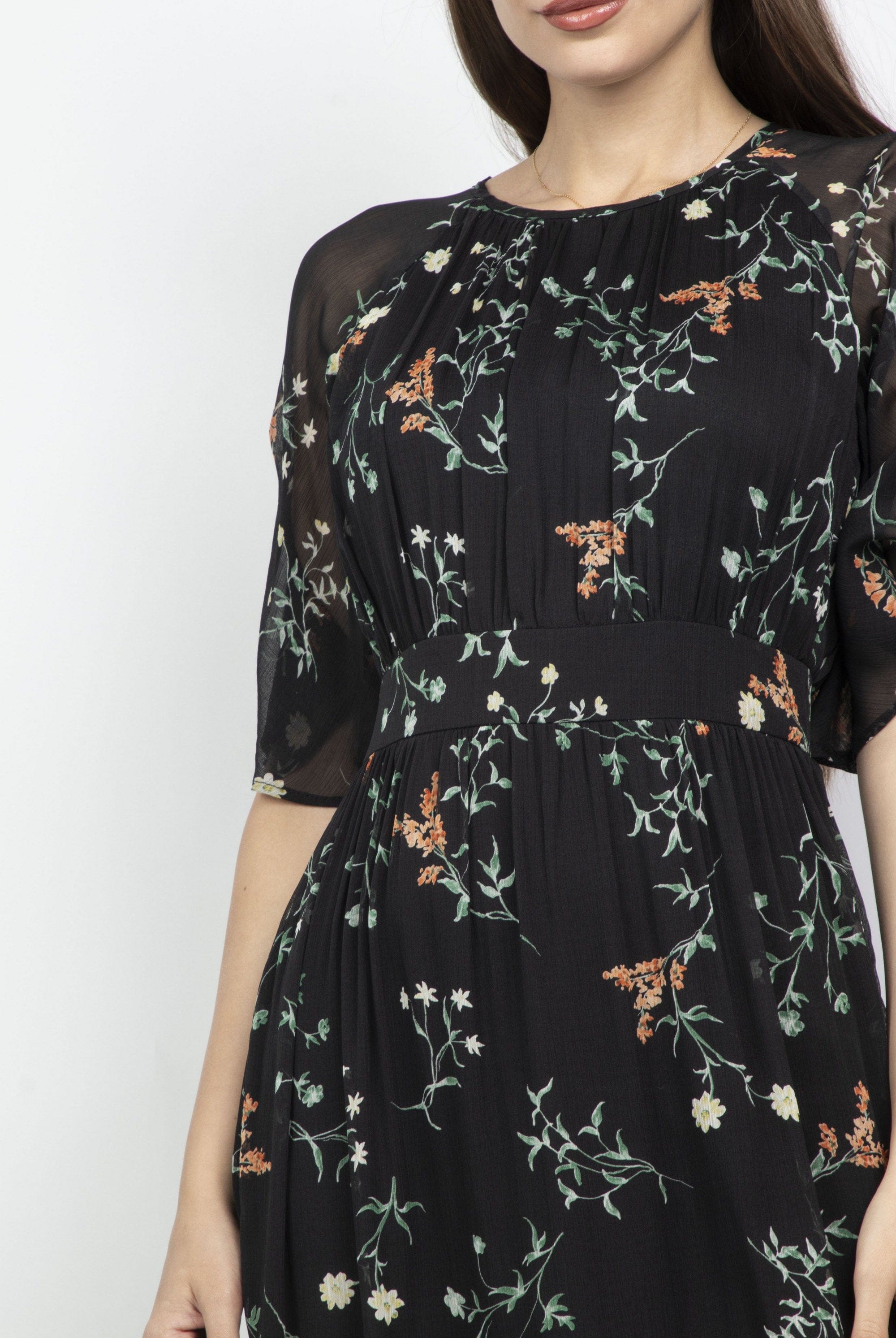 ميكا فستان طويل مشجر كم قصير شيفون