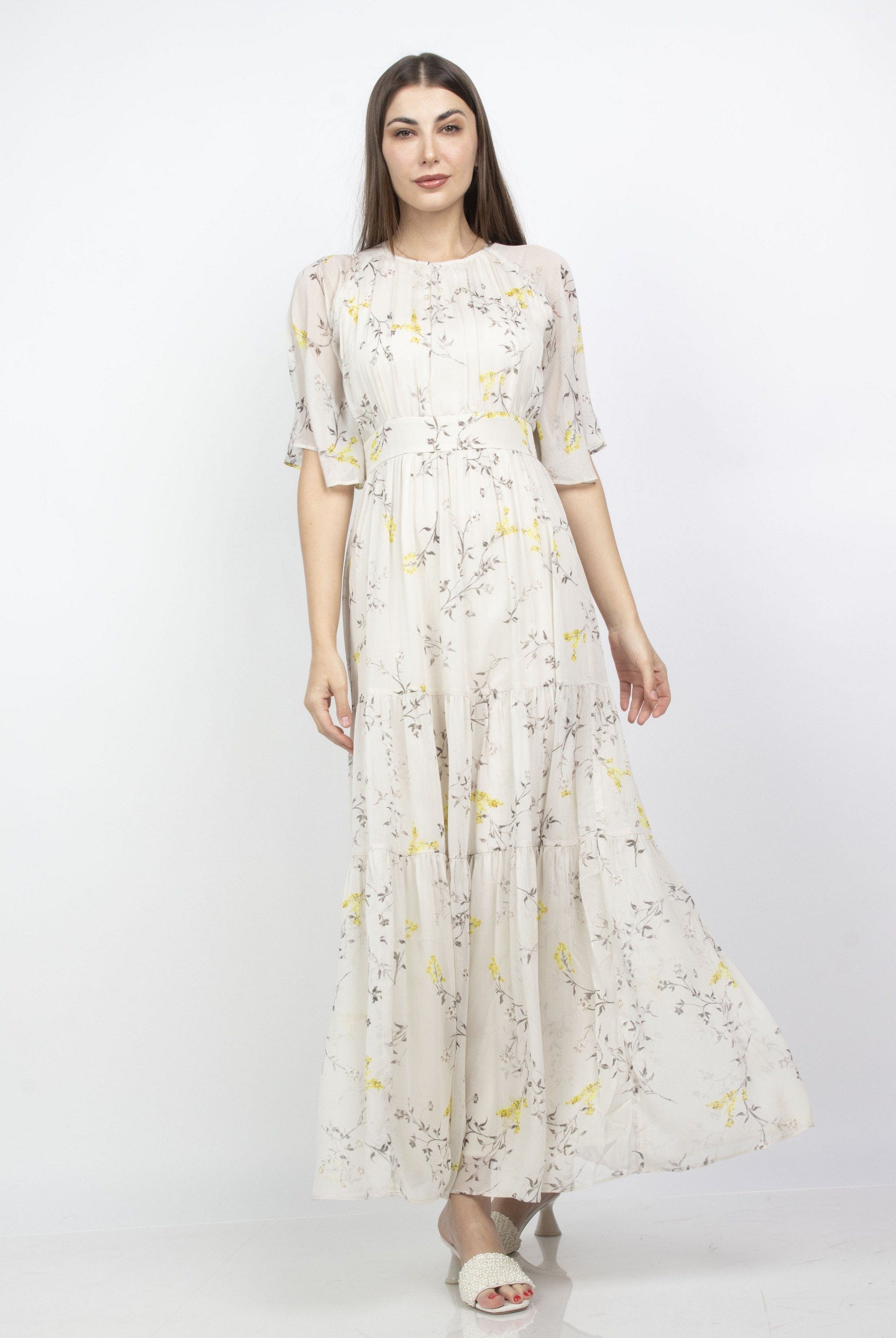 ميكا فستان طويل مشجر كم قصير شيفون