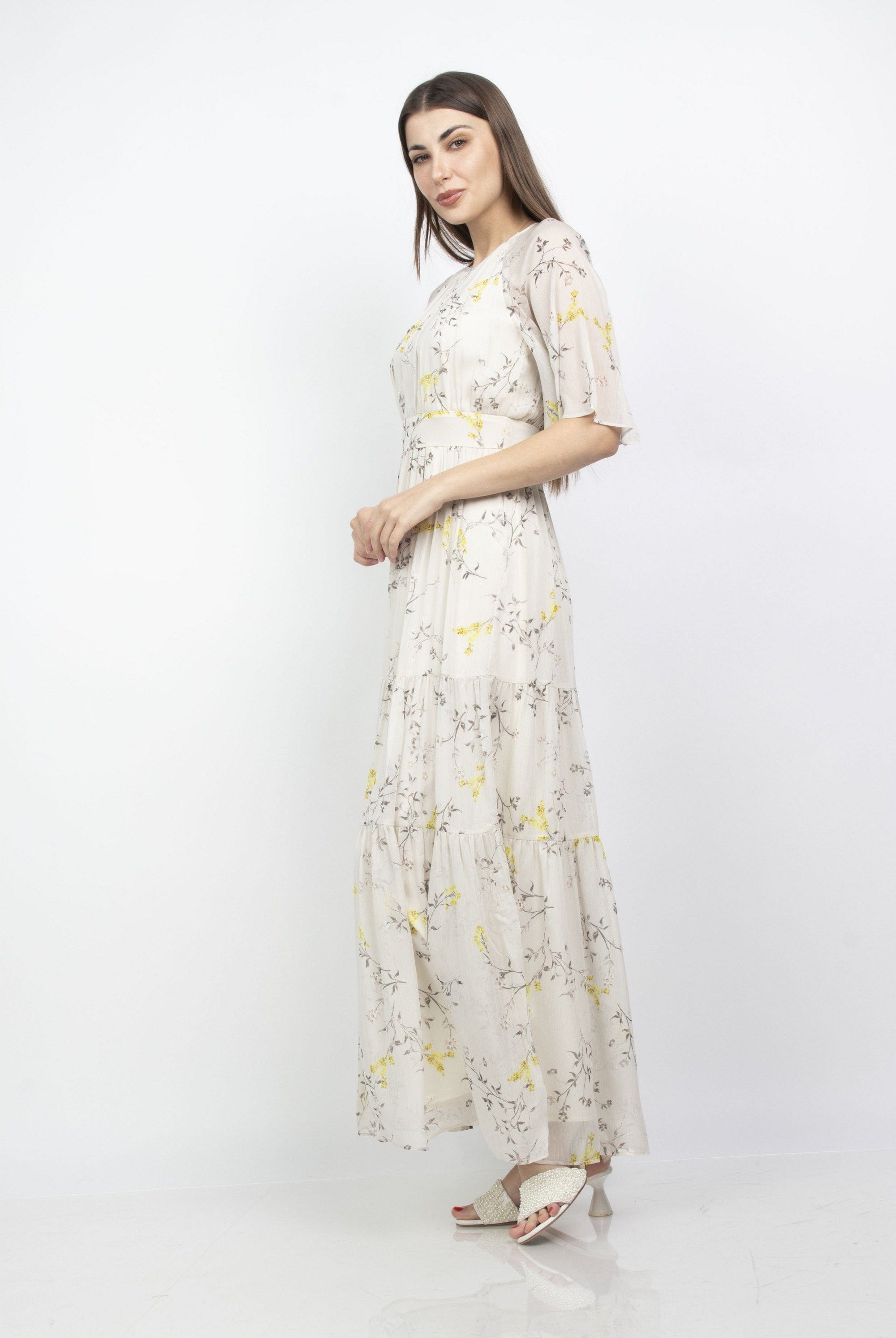 ميكا فستان طويل مشجر كم قصير شيفون