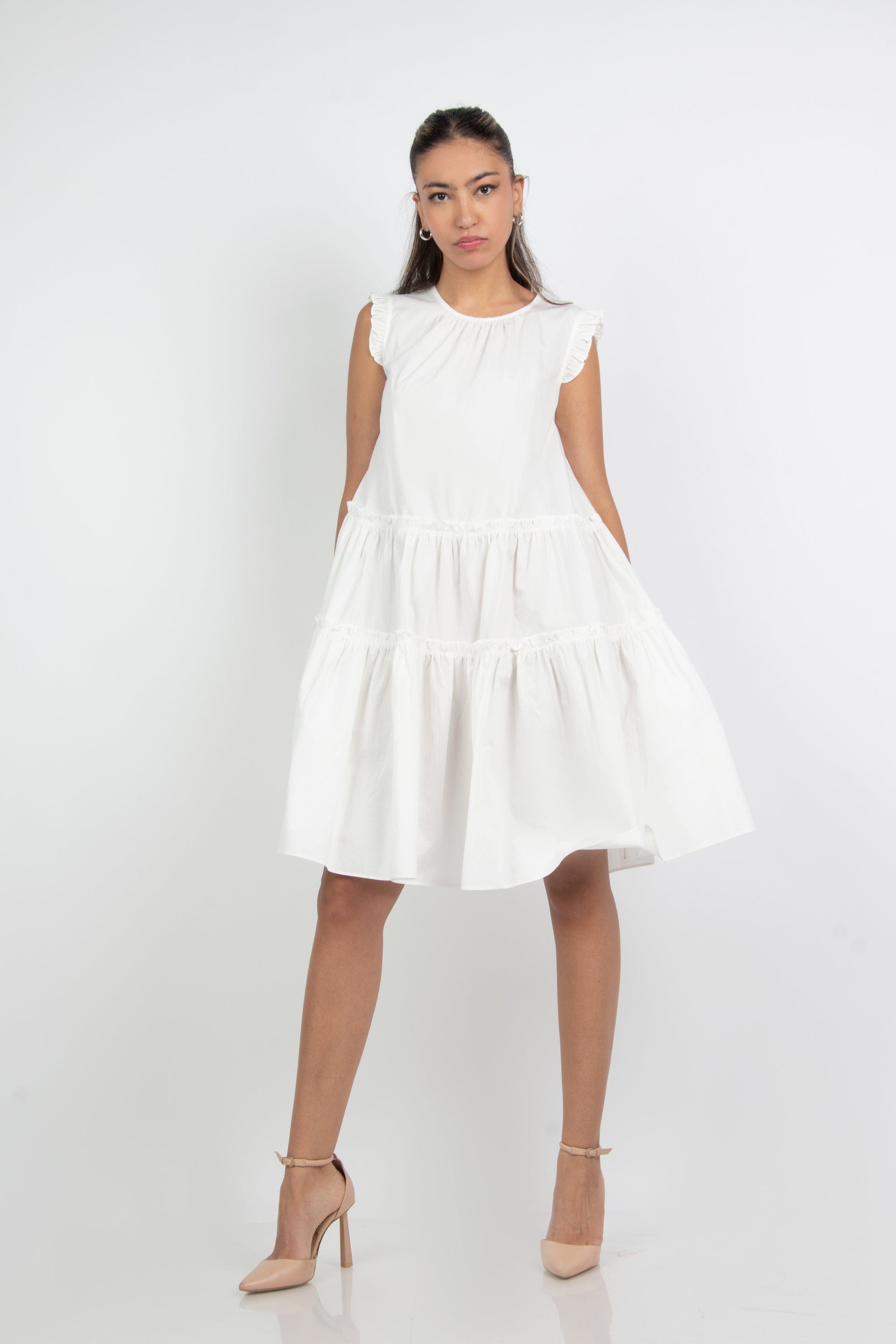 ميكا فستان قصير منفوش مزين بكشكشة ع الكتف بدون كم