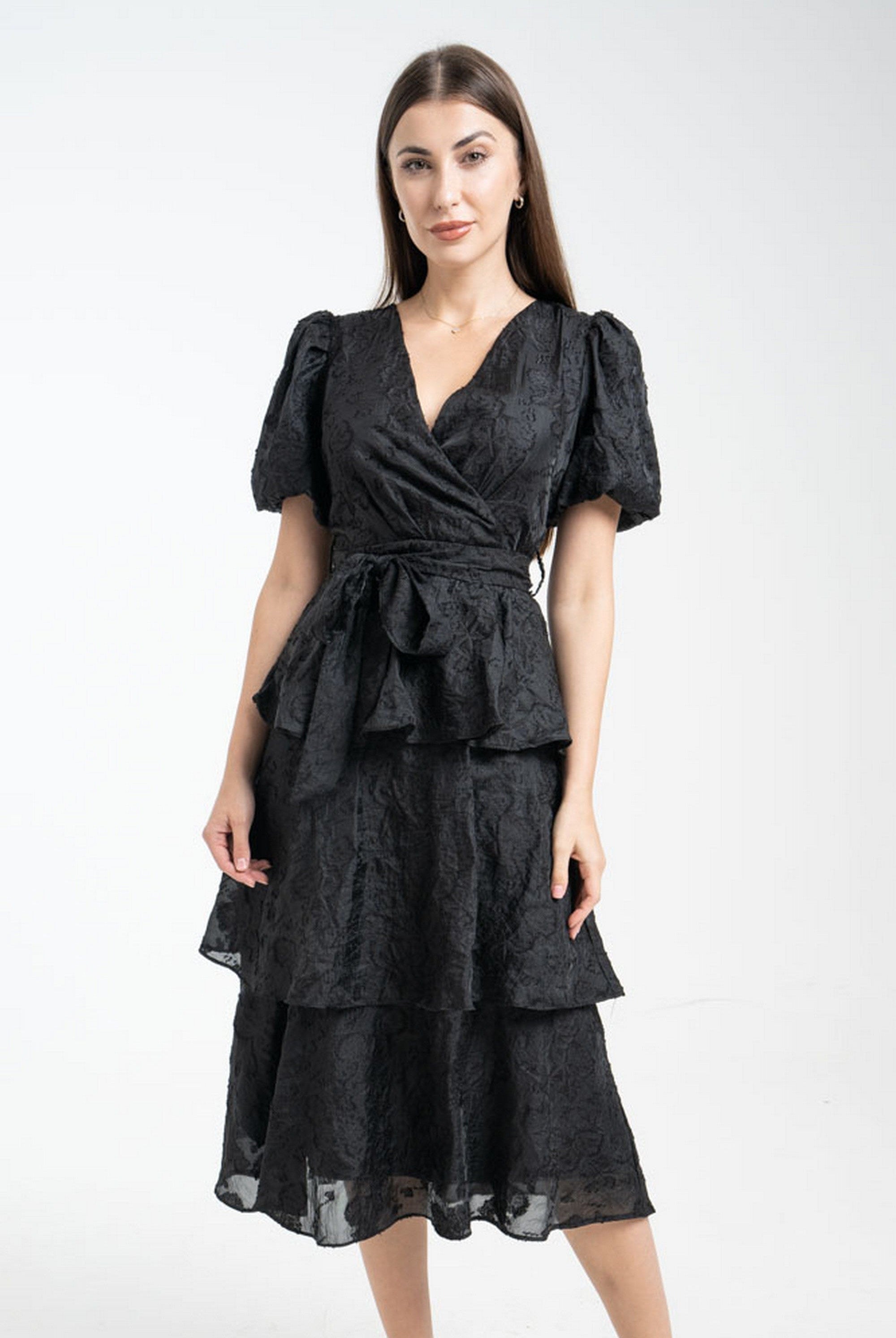 ميكا فستان سادة طبقات من أسفل بحزام على الخصر كم قصير بف نسائي