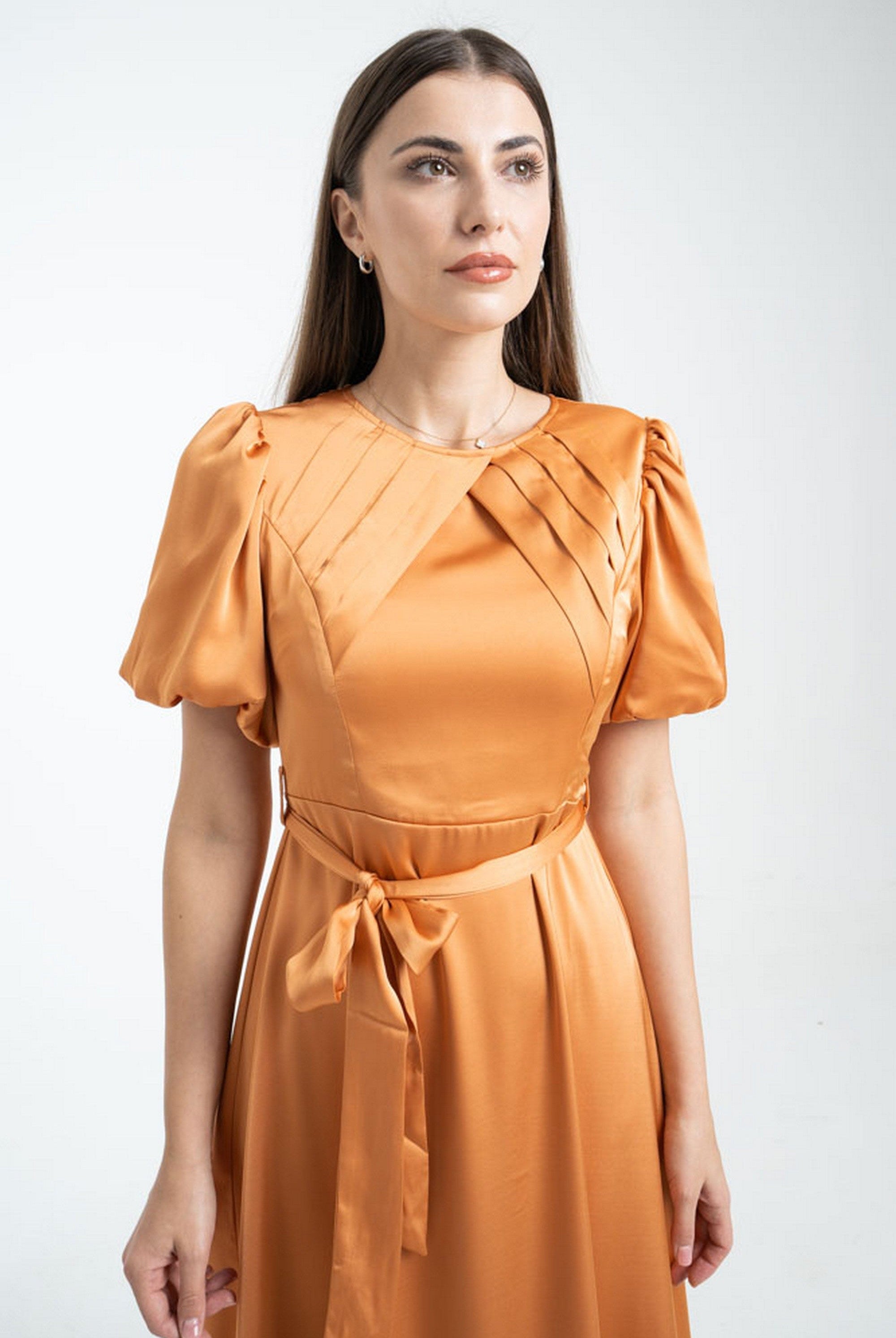 ميكا فستان ميدي سادة بحزام على الخصر كم قصير بف نسائي