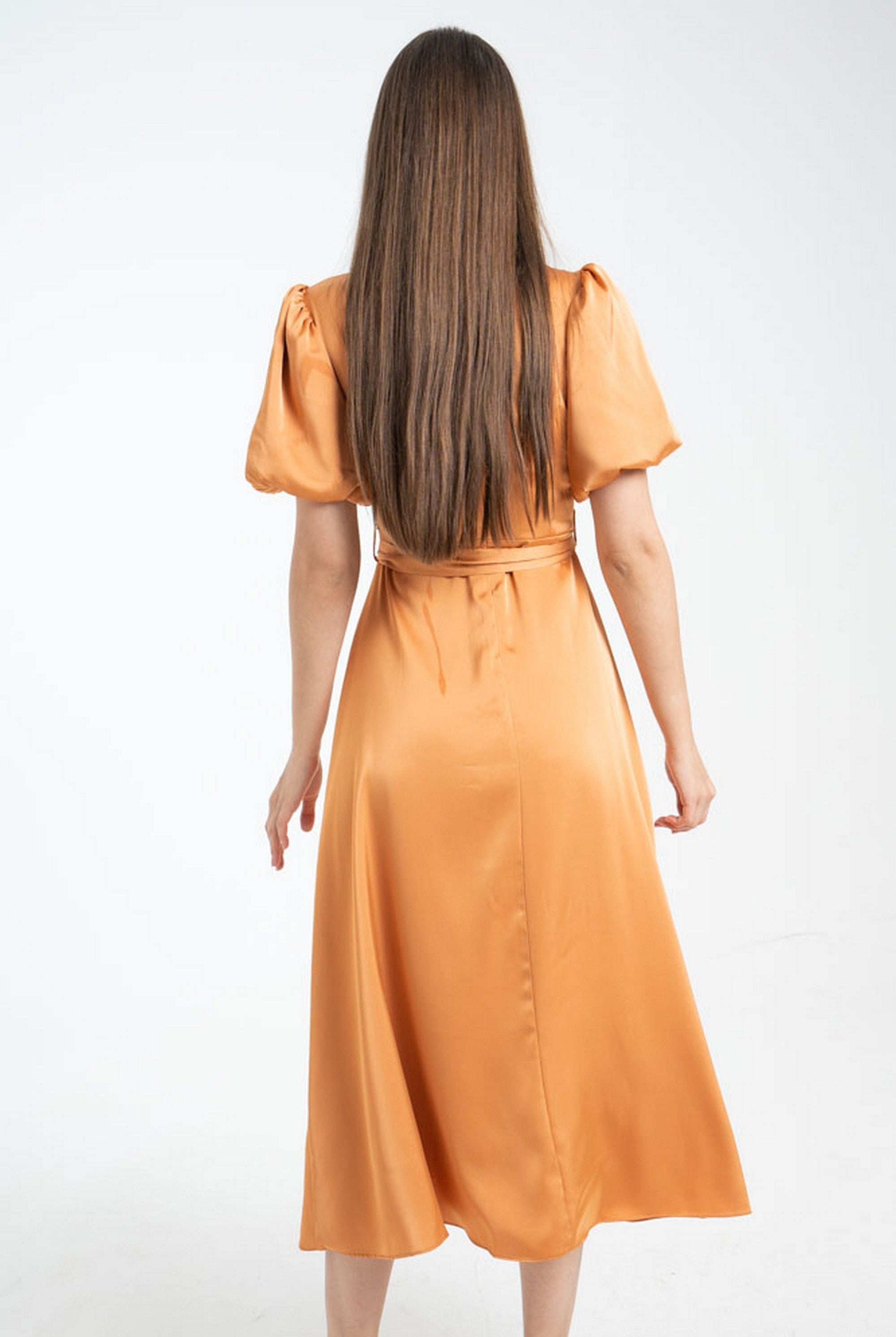 ميكا فستان ميدي سادة بحزام على الخصر كم قصير بف نسائي