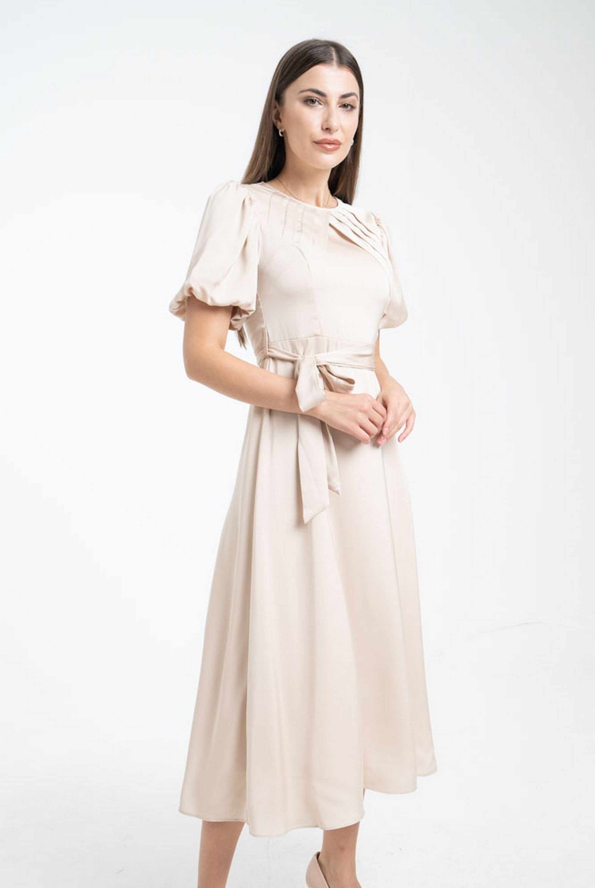 ميكا فستان ميدي سادة بحزام على الخصر كم قصير بف نسائي