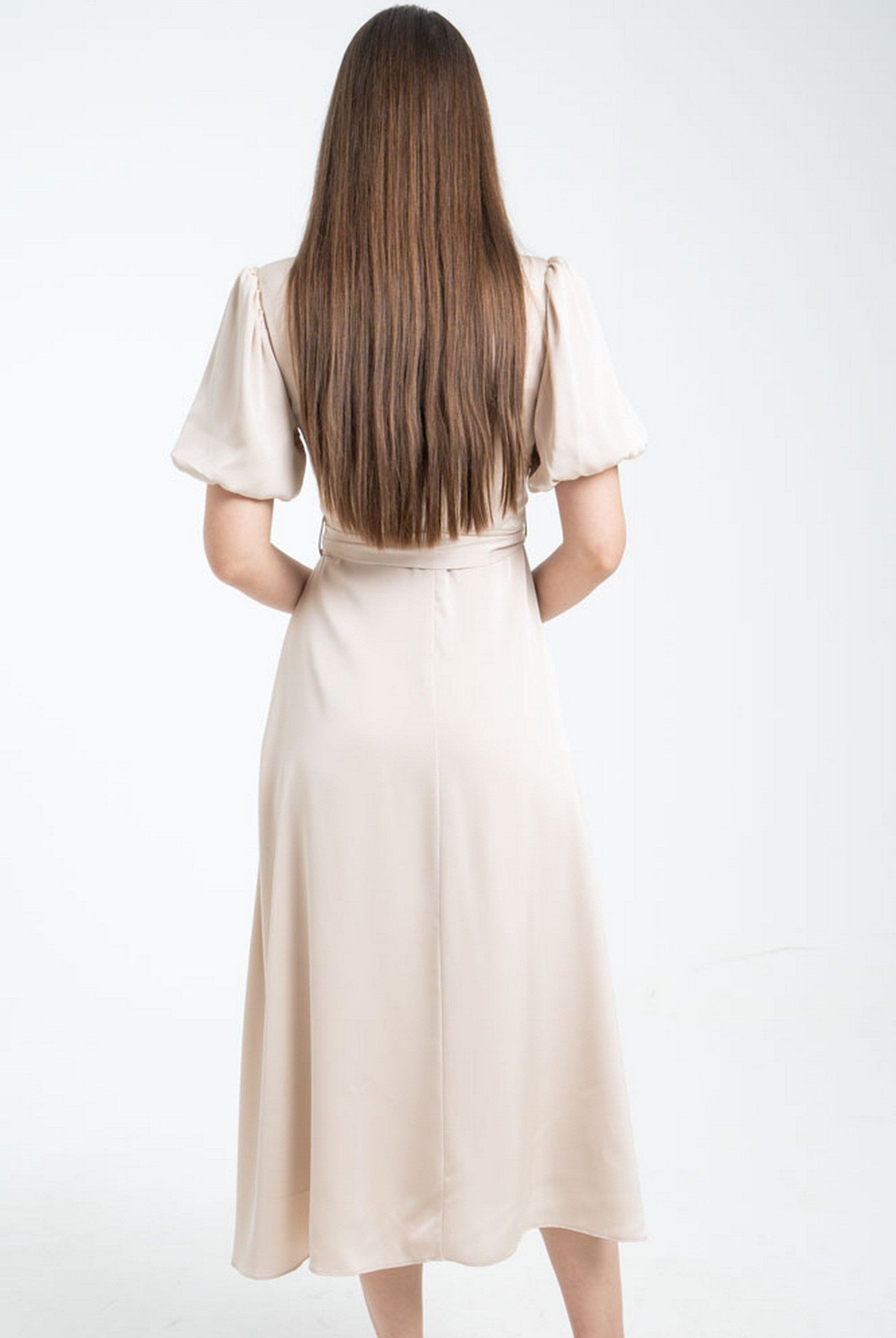 ميكا فستان ميدي سادة بحزام على الخصر كم قصير بف نسائي