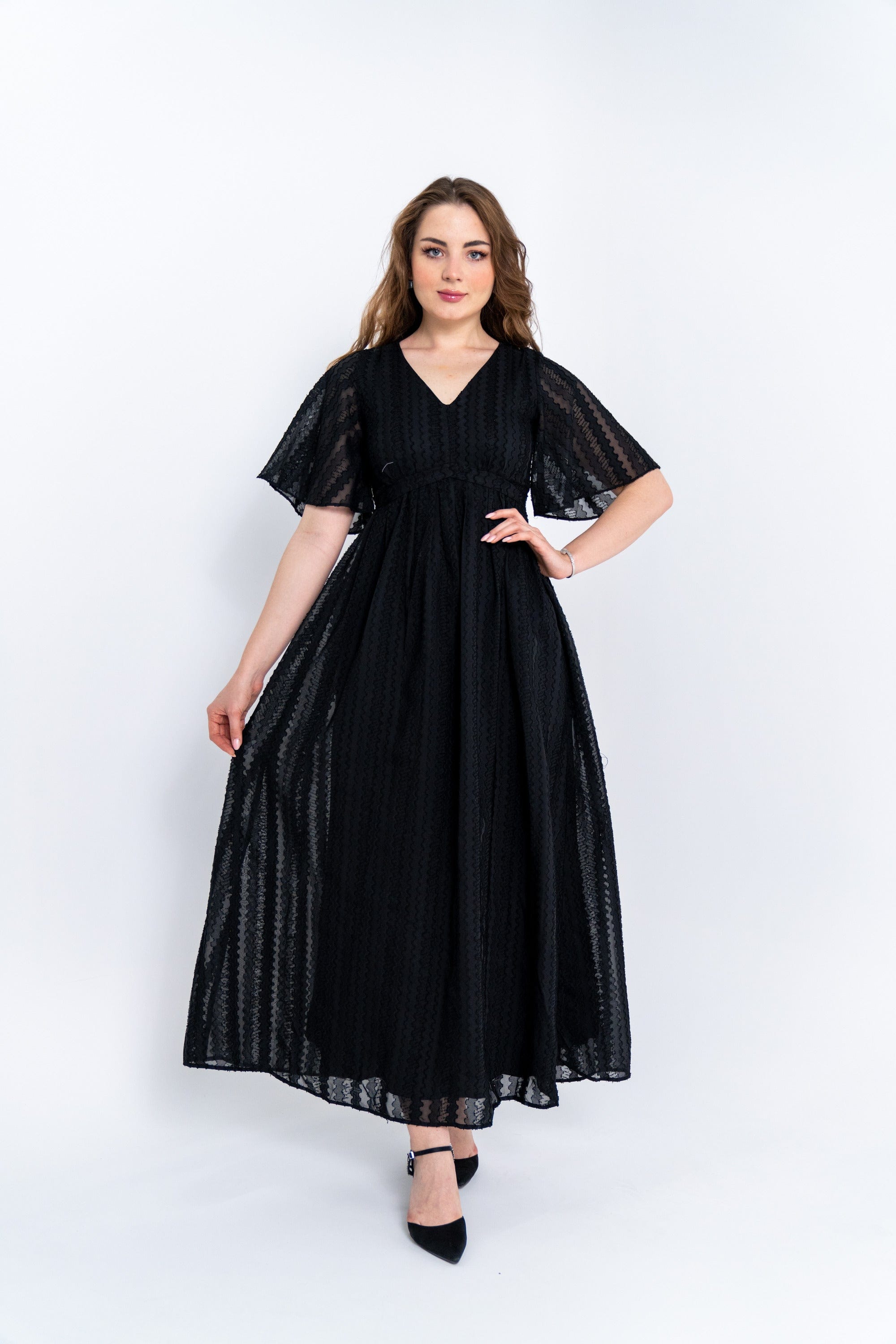 ميكا فستان ماكسي مخصر بفتحة صدر سبعة كم قصير واسع نسائي