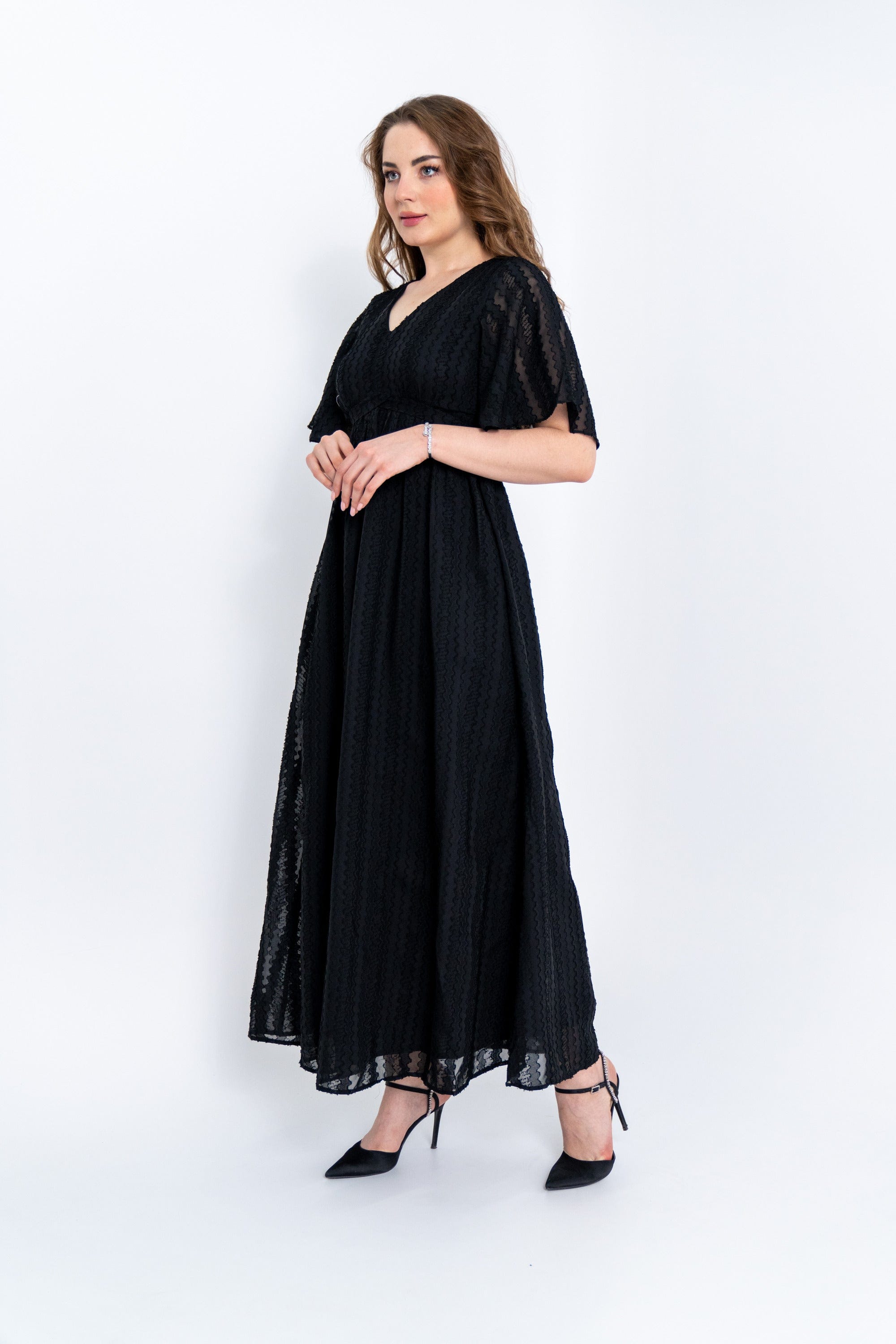 ميكا فستان ماكسي مخصر بفتحة صدر سبعة كم قصير واسع نسائي