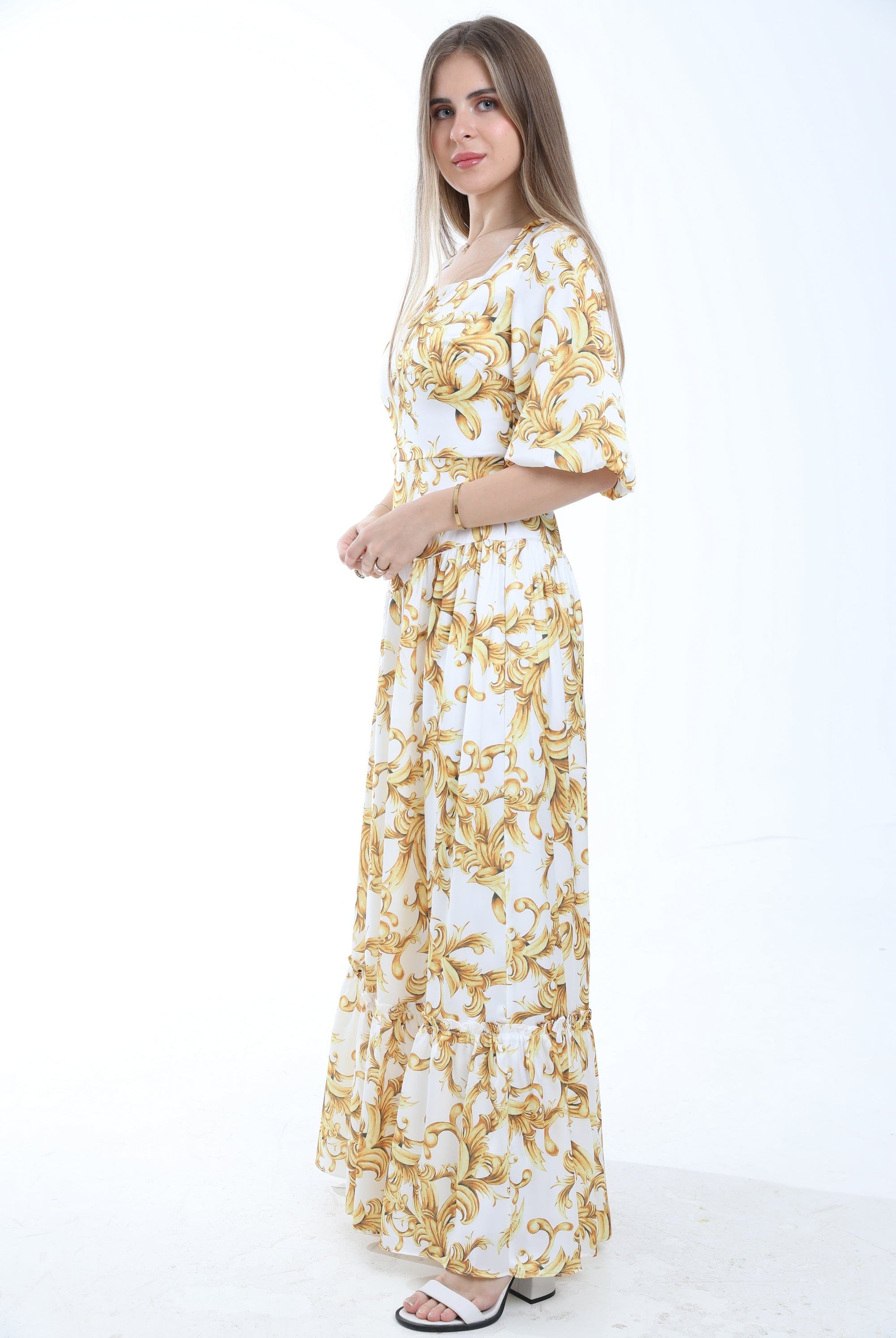 ميكا فستان ماكسي مخصر منقوش ياقة مربعة نص كم بف نسائي