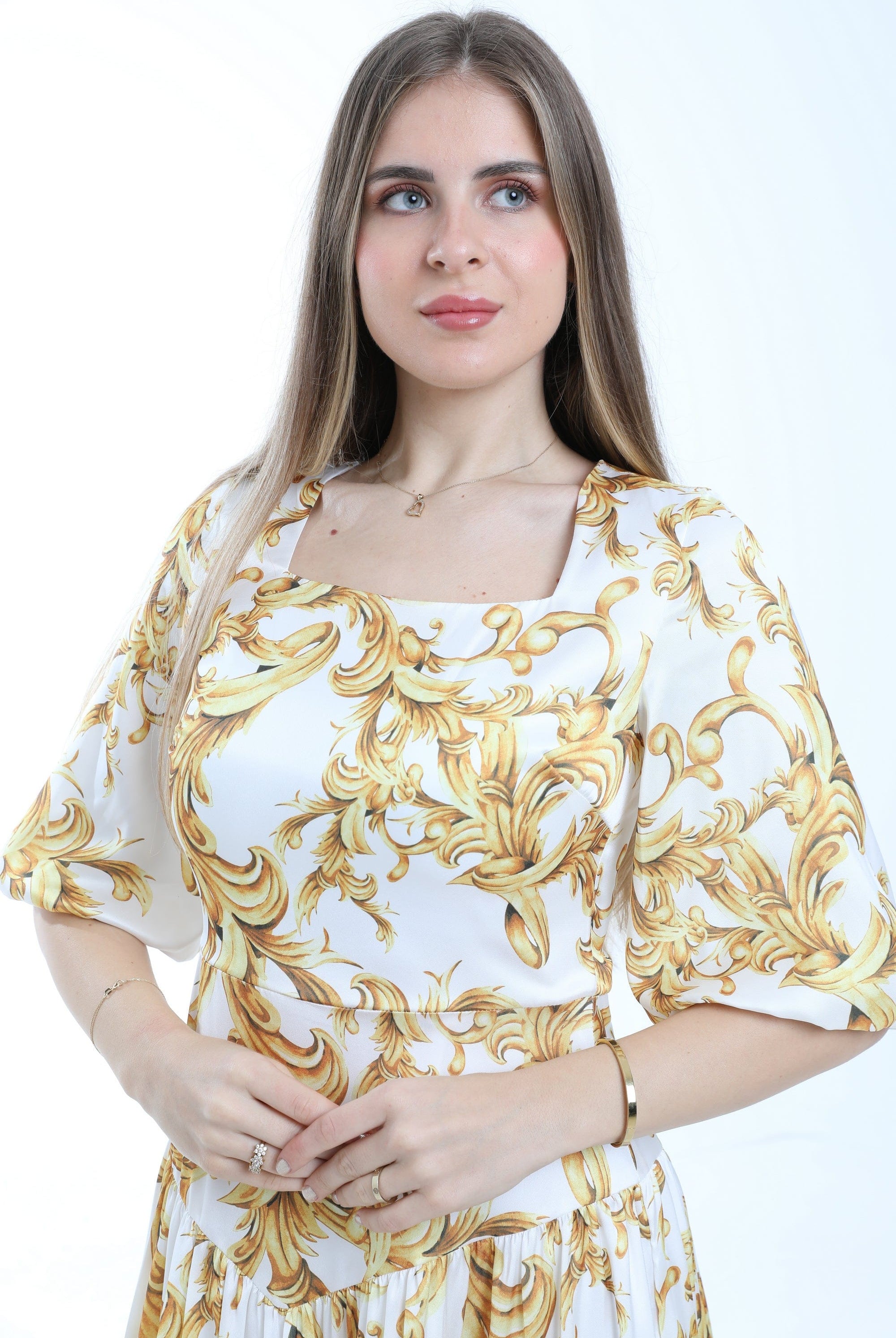 ميكا فستان ماكسي مخصر منقوش ياقة مربعة نص كم بف نسائي