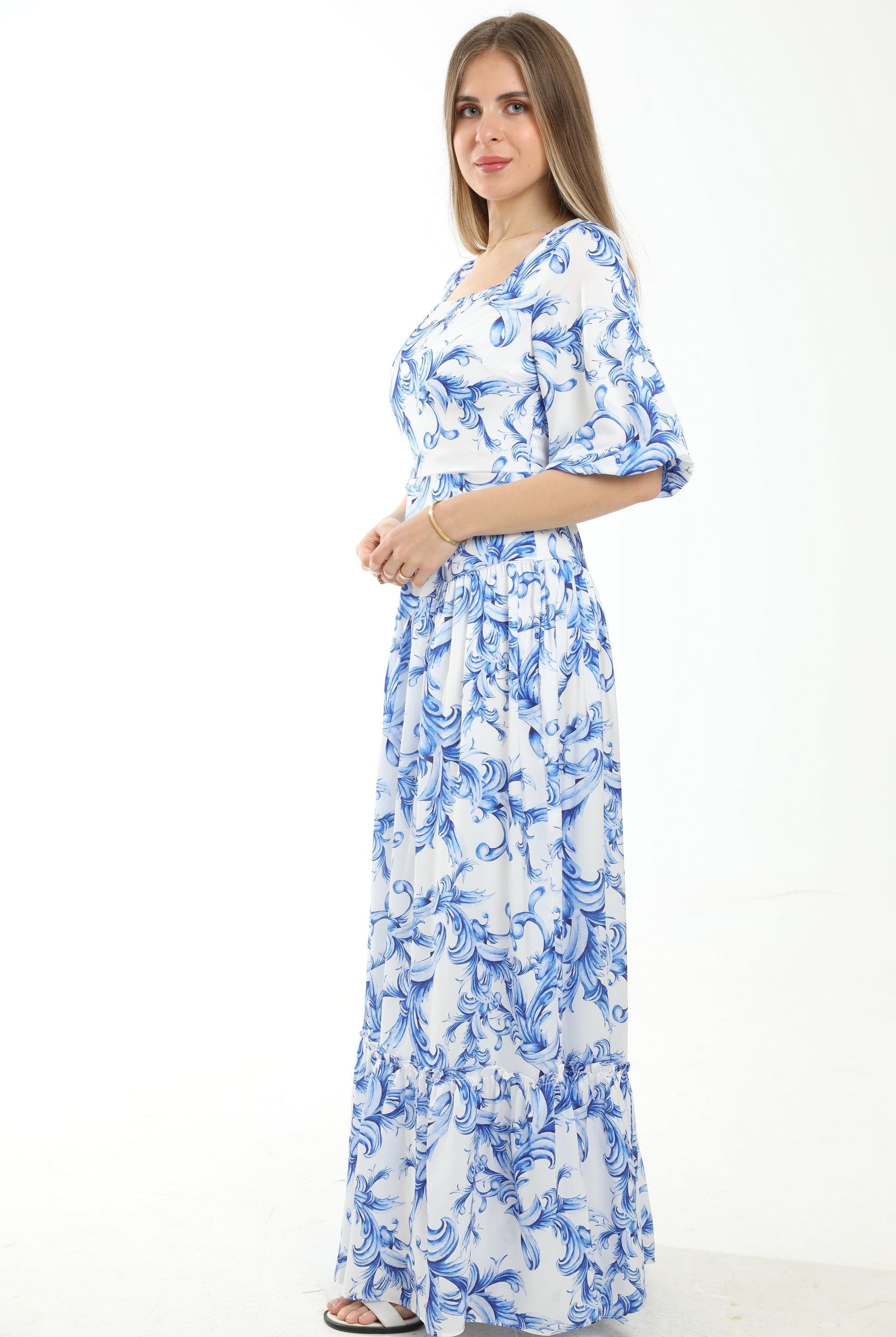 ميكا فستان ماكسي مخصر منقوش ياقة مربعة نص كم بف نسائي