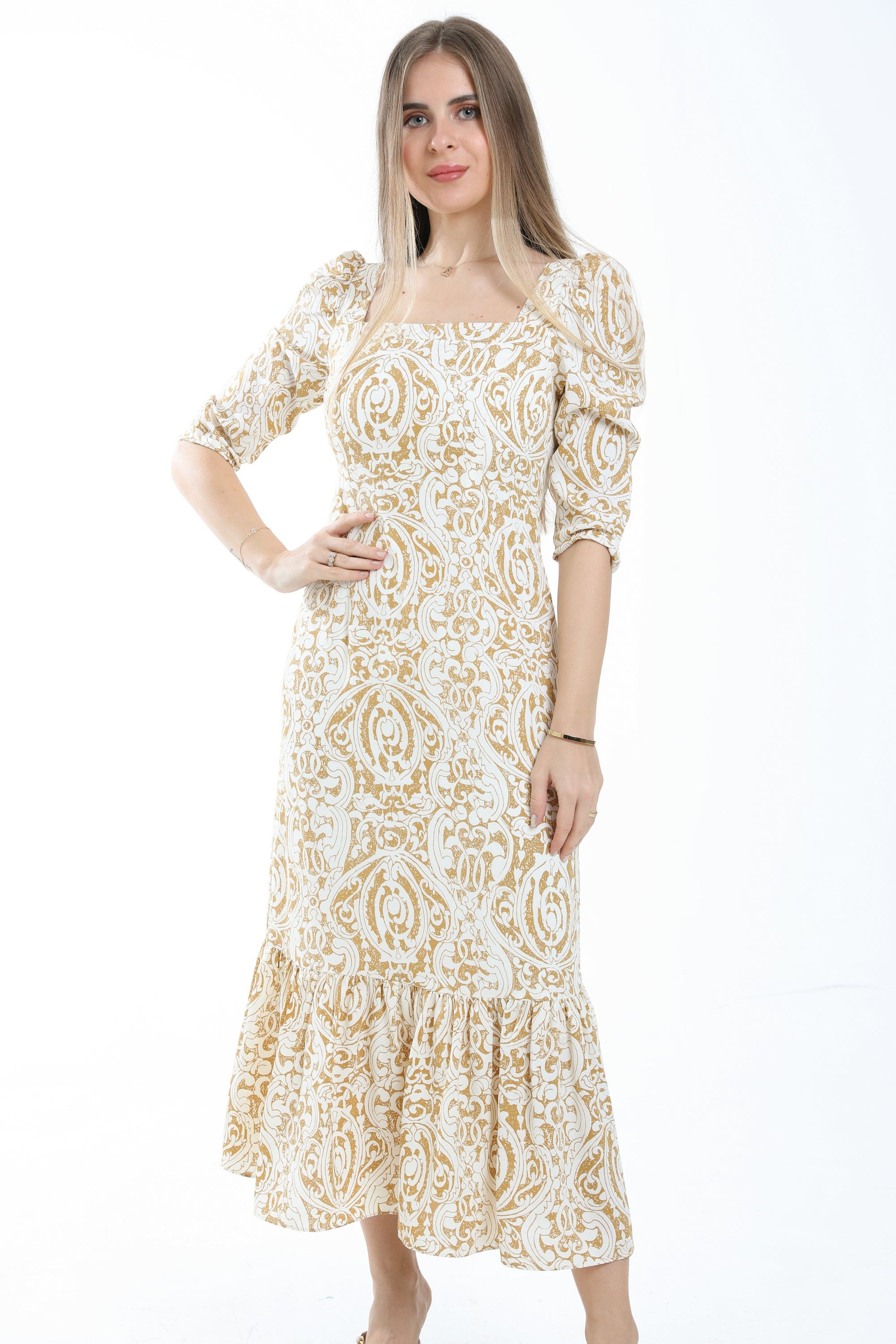 ميكا فستان ماكسي ضيق منقوش 3/4 كم ياقة مربعة نسائي