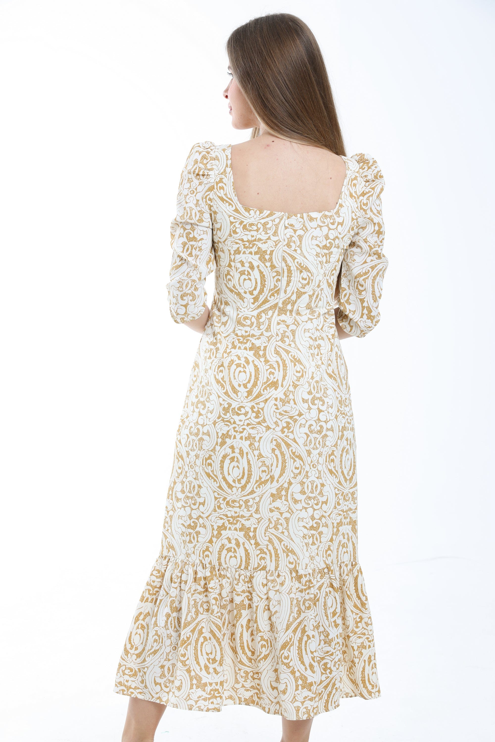 ميكا فستان ماكسي ضيق منقوش 3/4 كم ياقة مربعة نسائي