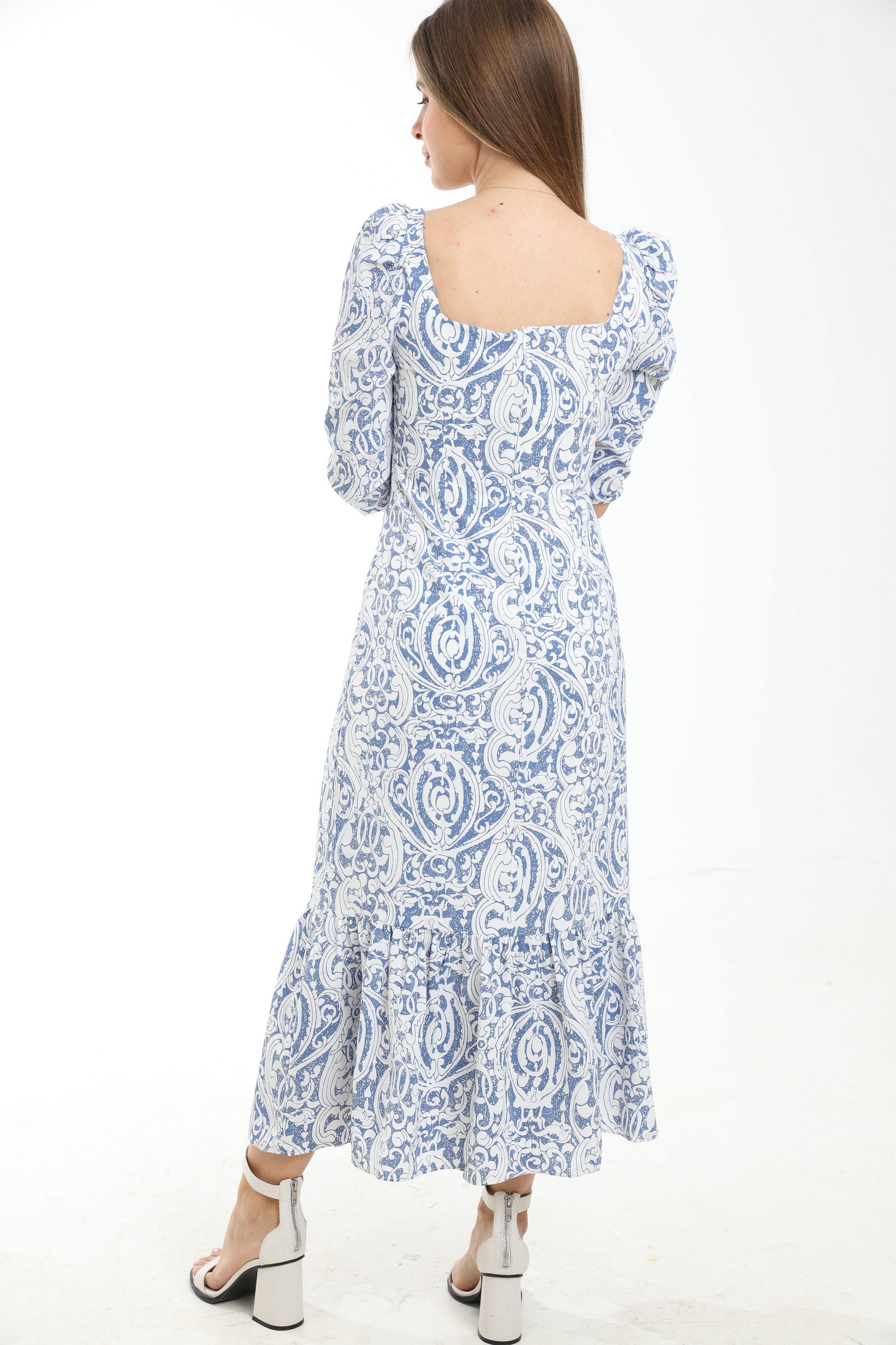 ميكا فستان ماكسي ضيق منقوش 3/4 كم ياقة مربعة نسائي