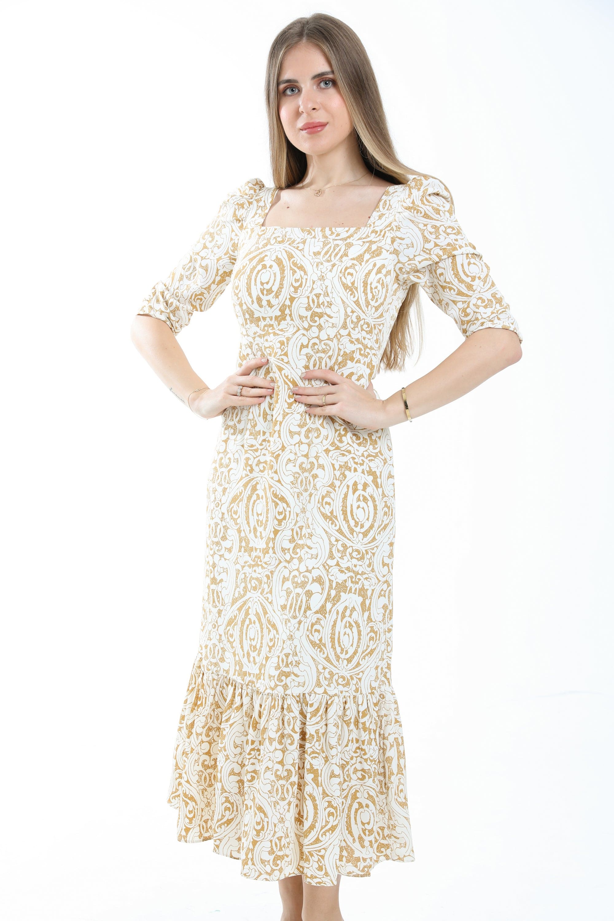 ميكا فستان ماكسي ضيق منقوش 3/4 كم ياقة مربعة نسائي